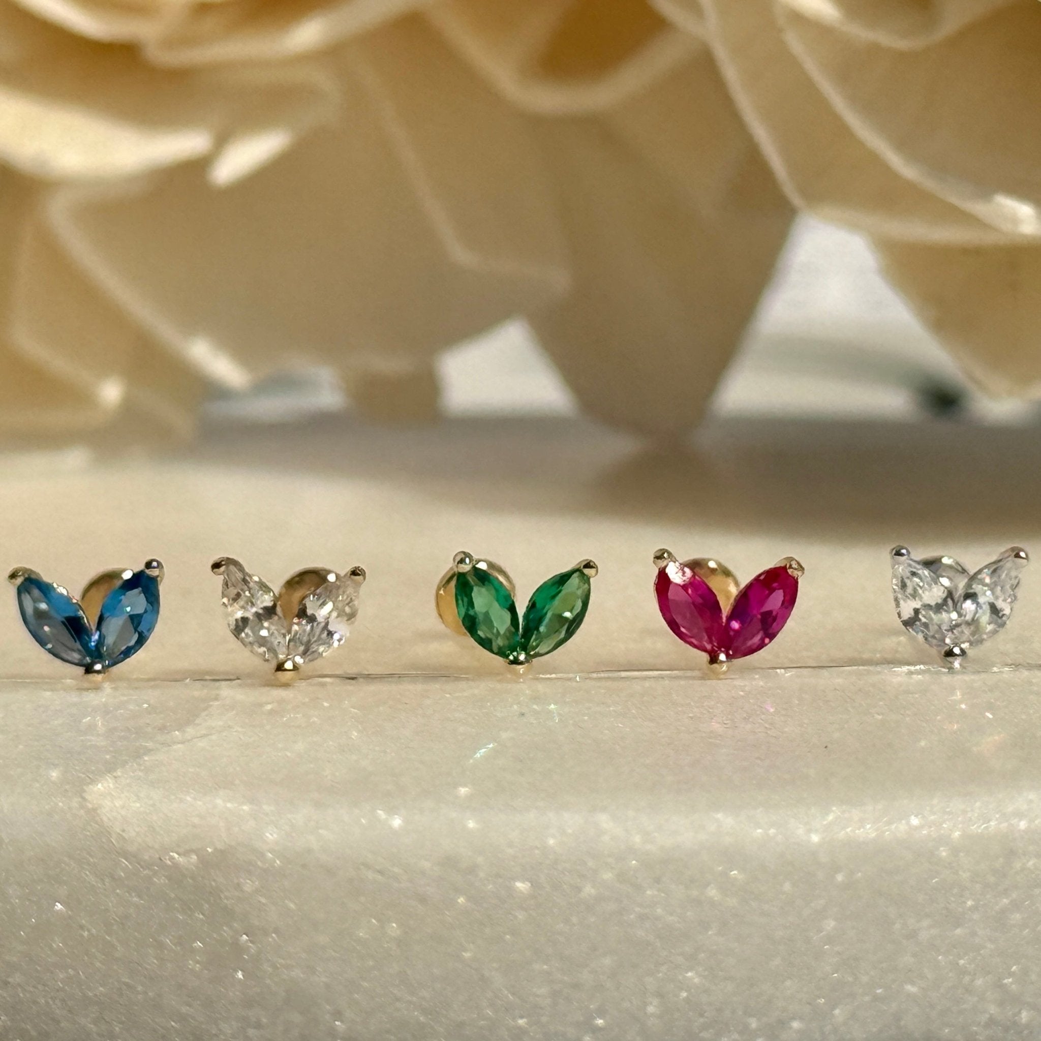 Emerald Double Marquise Flat Back Stud in Solid 14k Yellow Gold