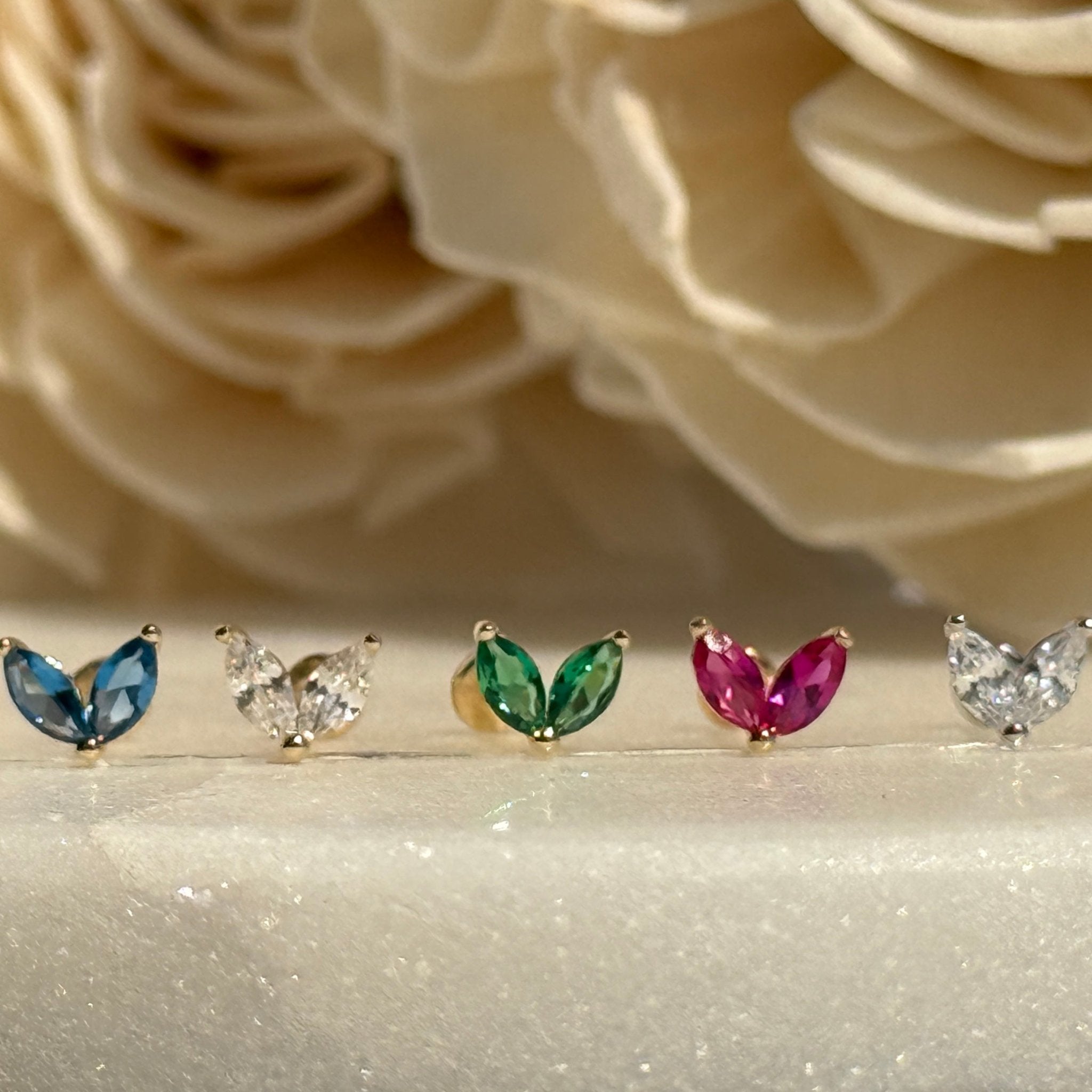 Emerald Double Marquise Flat Back Stud in Solid 14k Yellow Gold