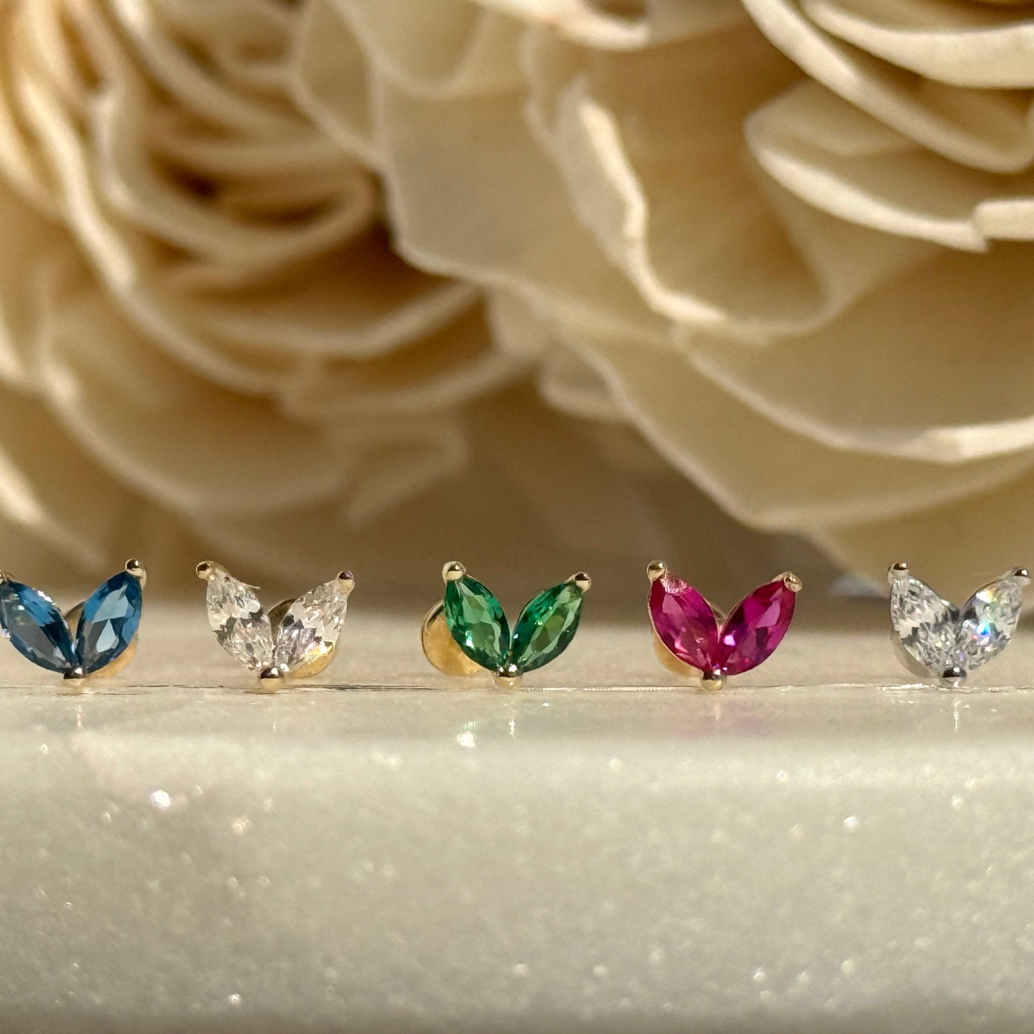 Cubic Zirconia Double Marquise Flat Back Stud in Solid 14k Yellow Gold