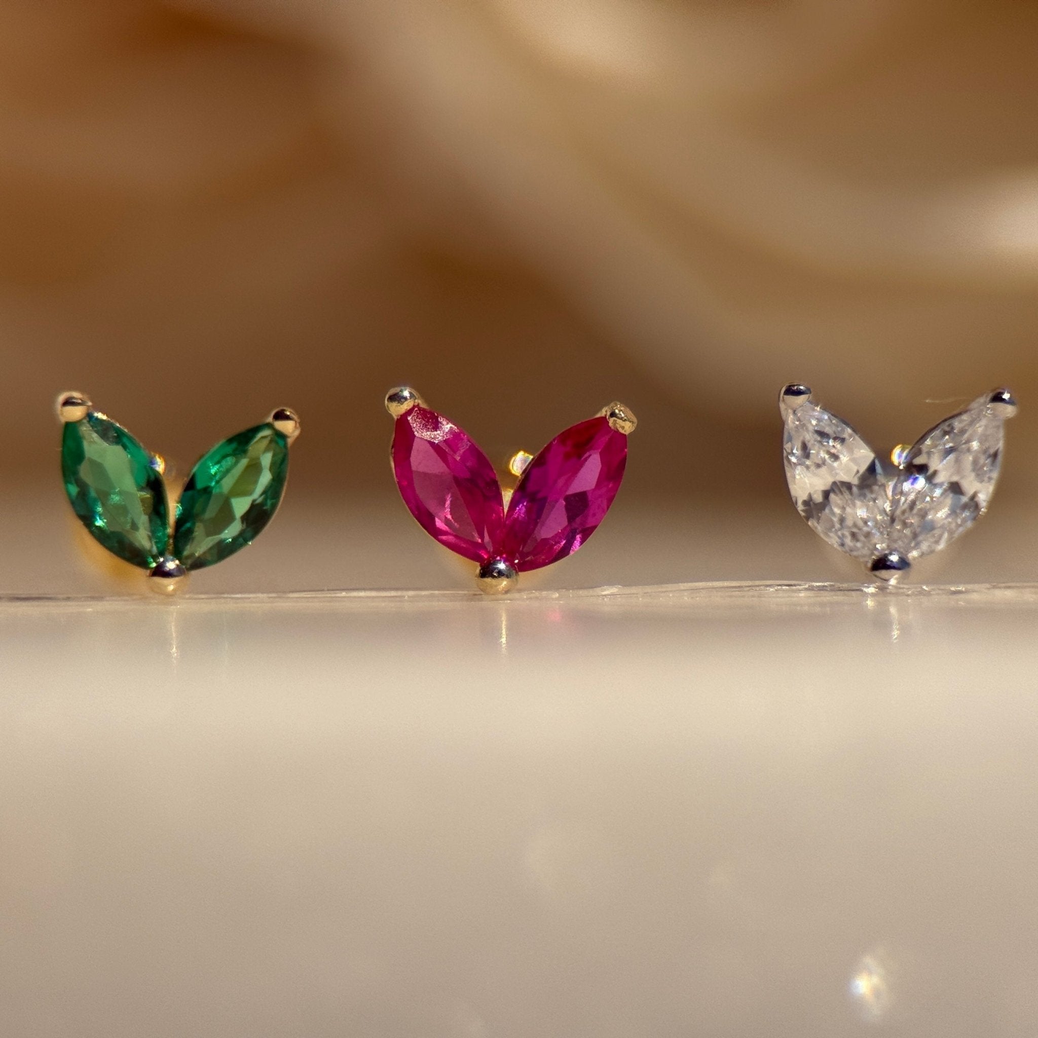 Ruby Double Marquise Flat Back Stud in Solid 14k Yellow Gold