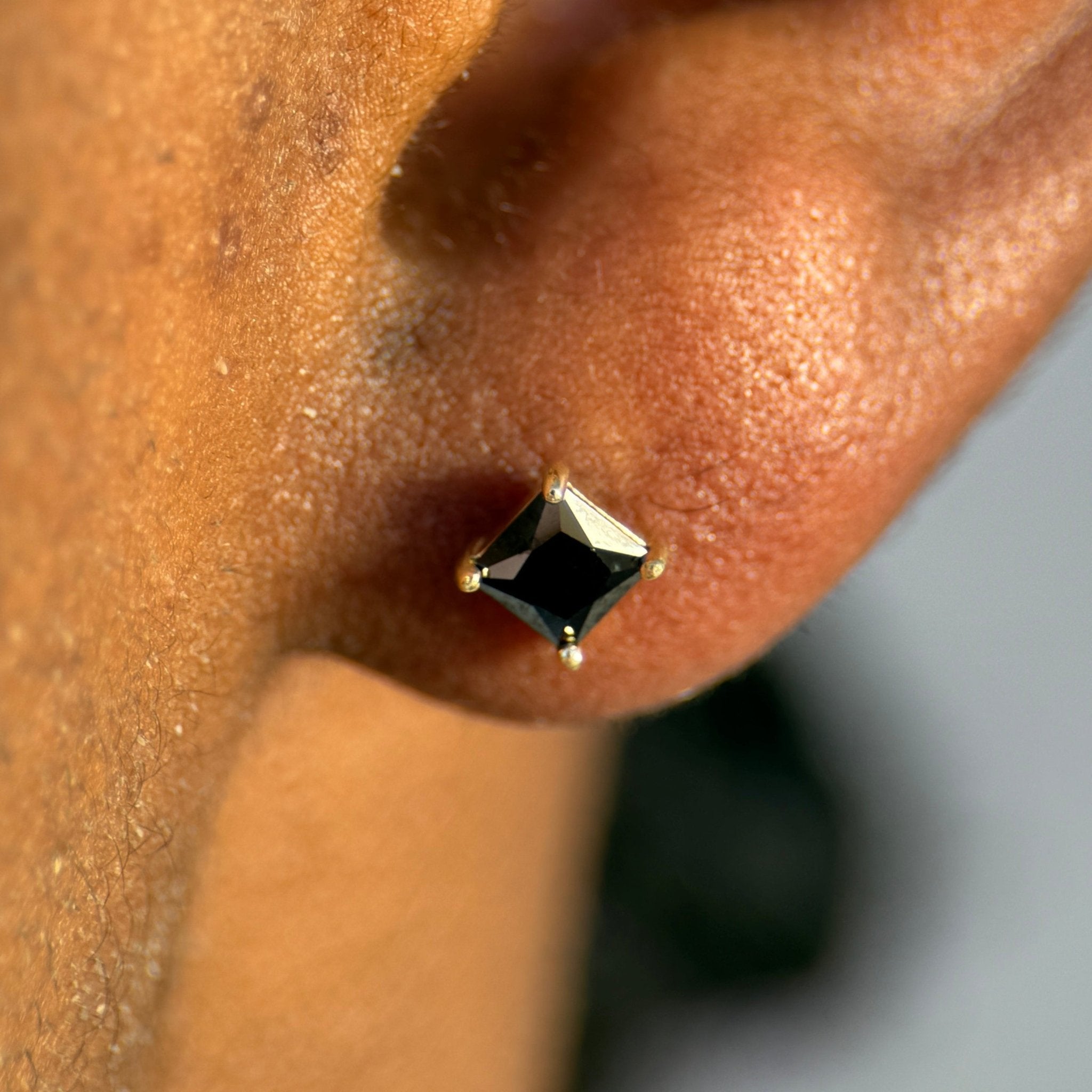 Black Onyx Princess Cut Flat Back Stud in Solid 14k White Gold