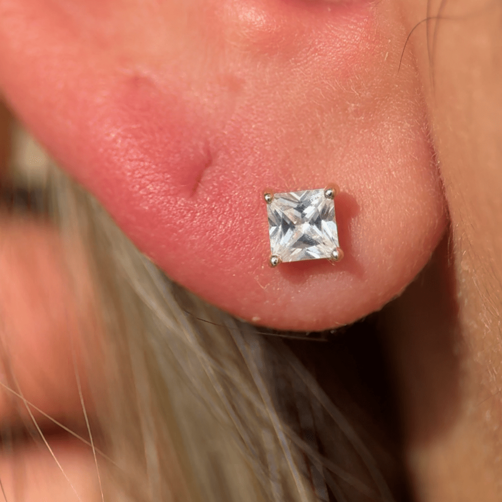 Gemstone Princess Cut Flat Back Stud in Solid 14k White Gold