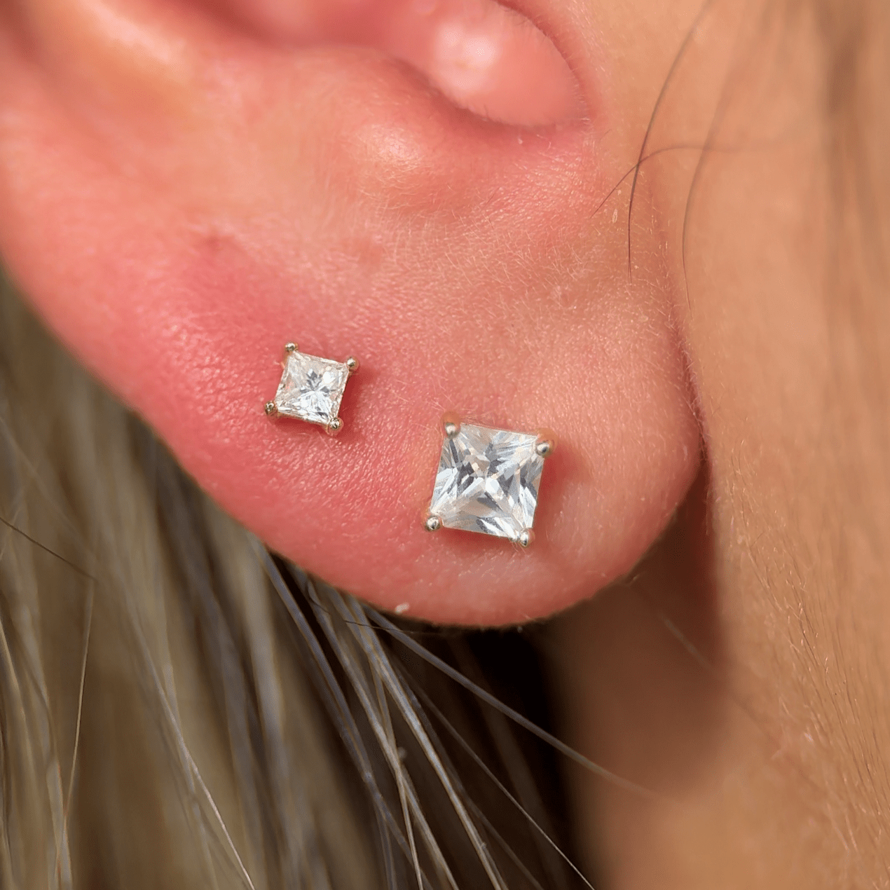 Gemstone Princess Cut Flat Back Stud in Solid 14k White Gold