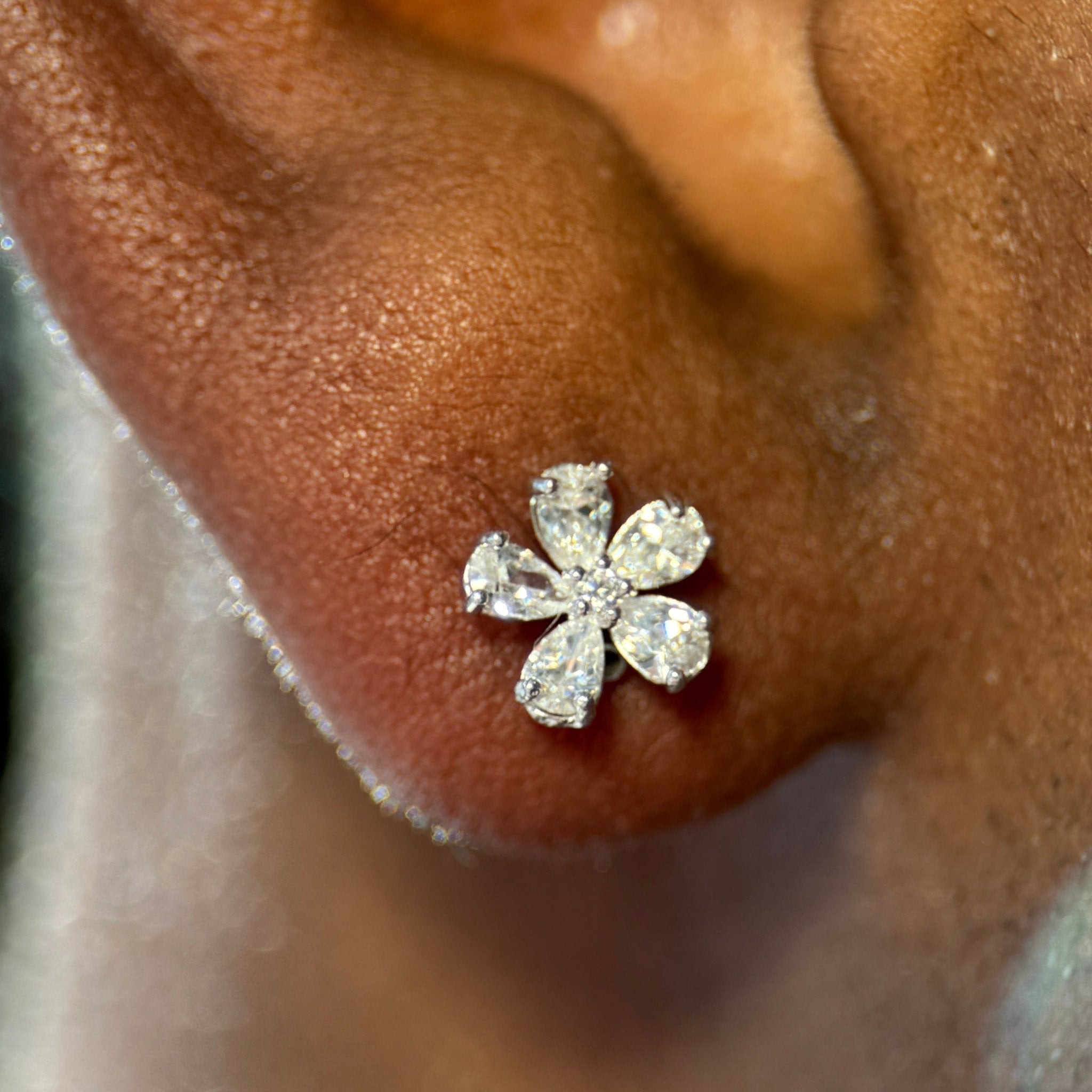 Blooming Flower Flat Back Stud in Solid 14k White Gold