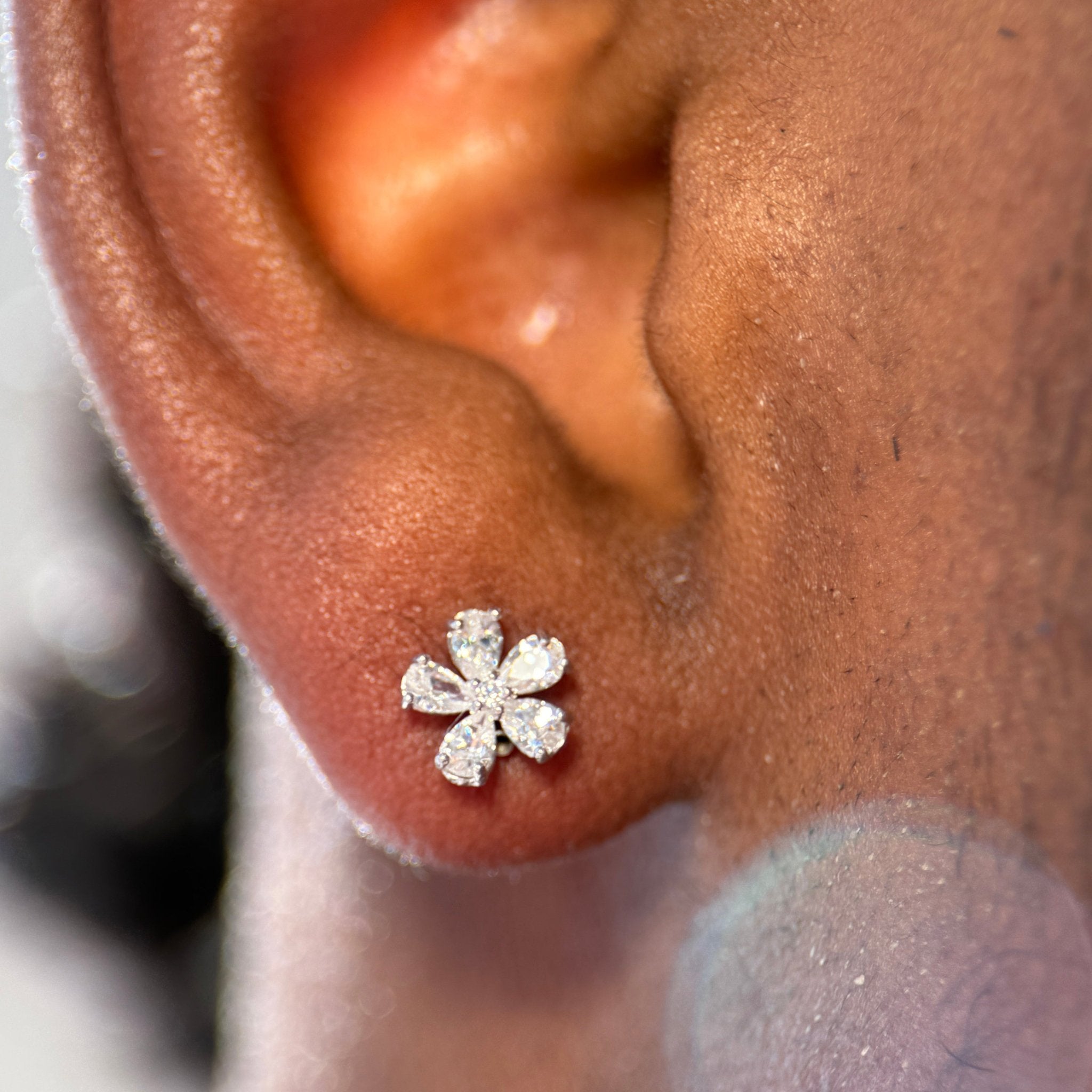 Blooming Flower Flat Back Stud in Solid 14k White Gold