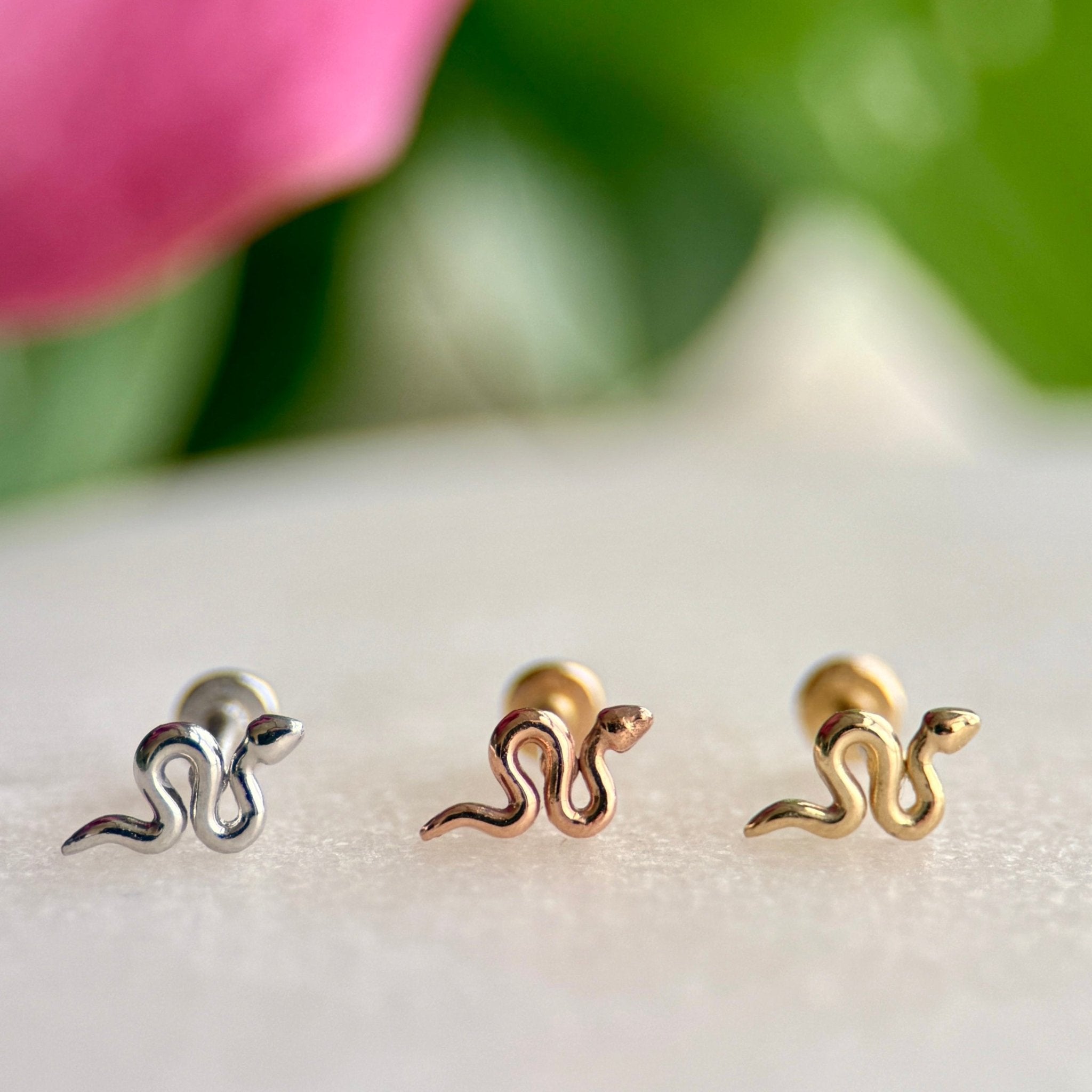 Snake Flat Back Stud in Solid 14k Yellow Gold