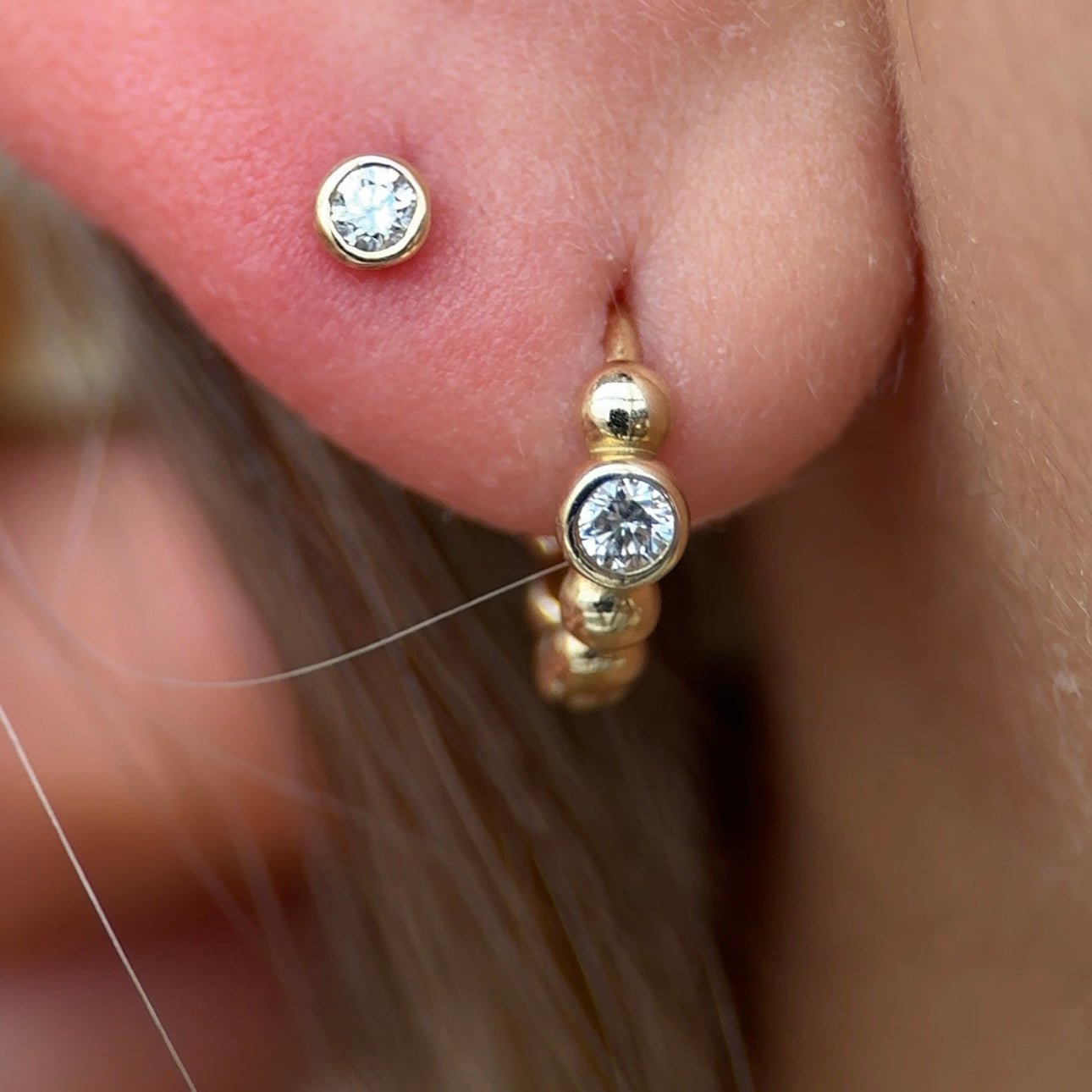 Floating Round Diamond Flat Back Stud Invisibly Set in Solid 14k Yellow Gold