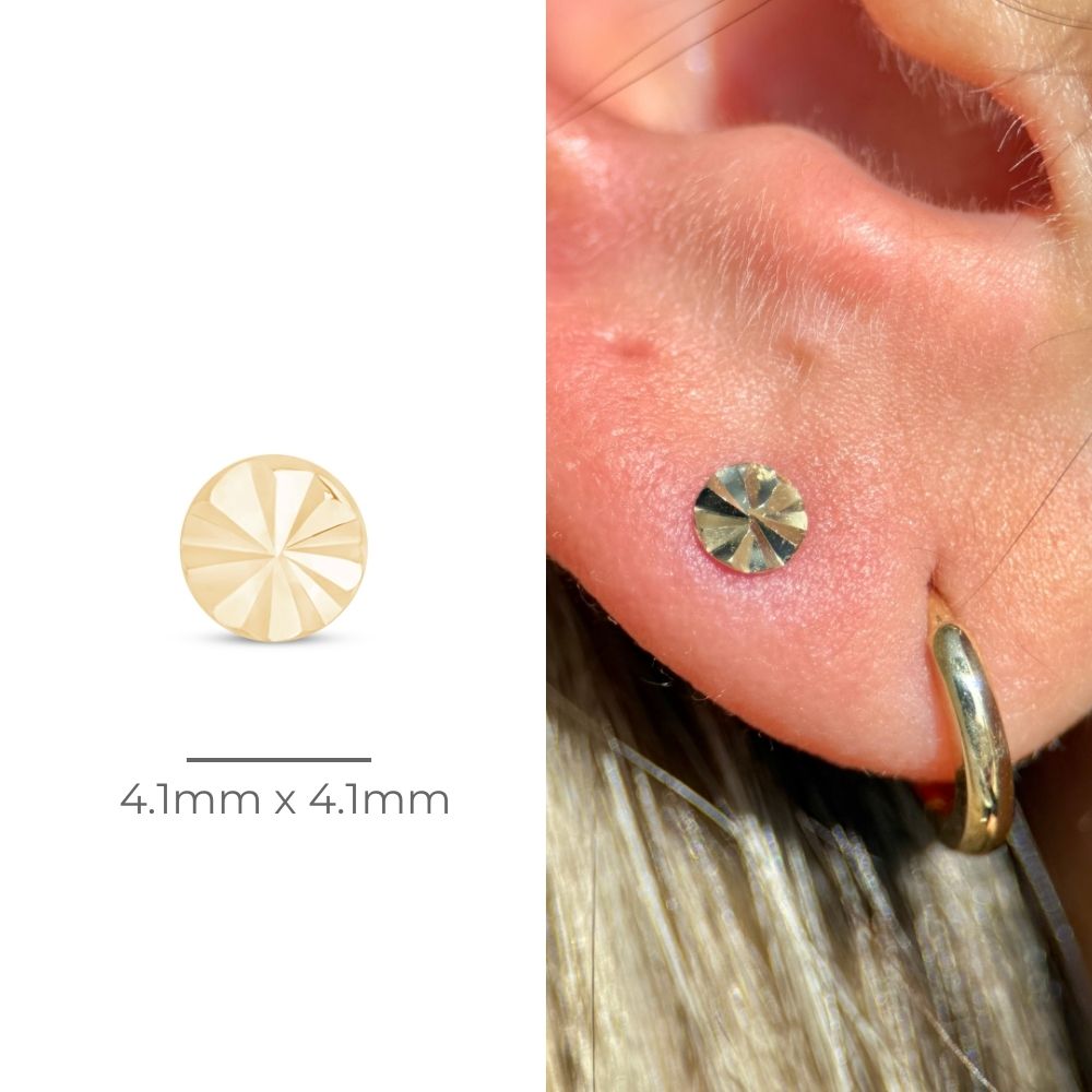 Diamond Cut Solid 14k Yellow Gold Disc Flat Back Stud