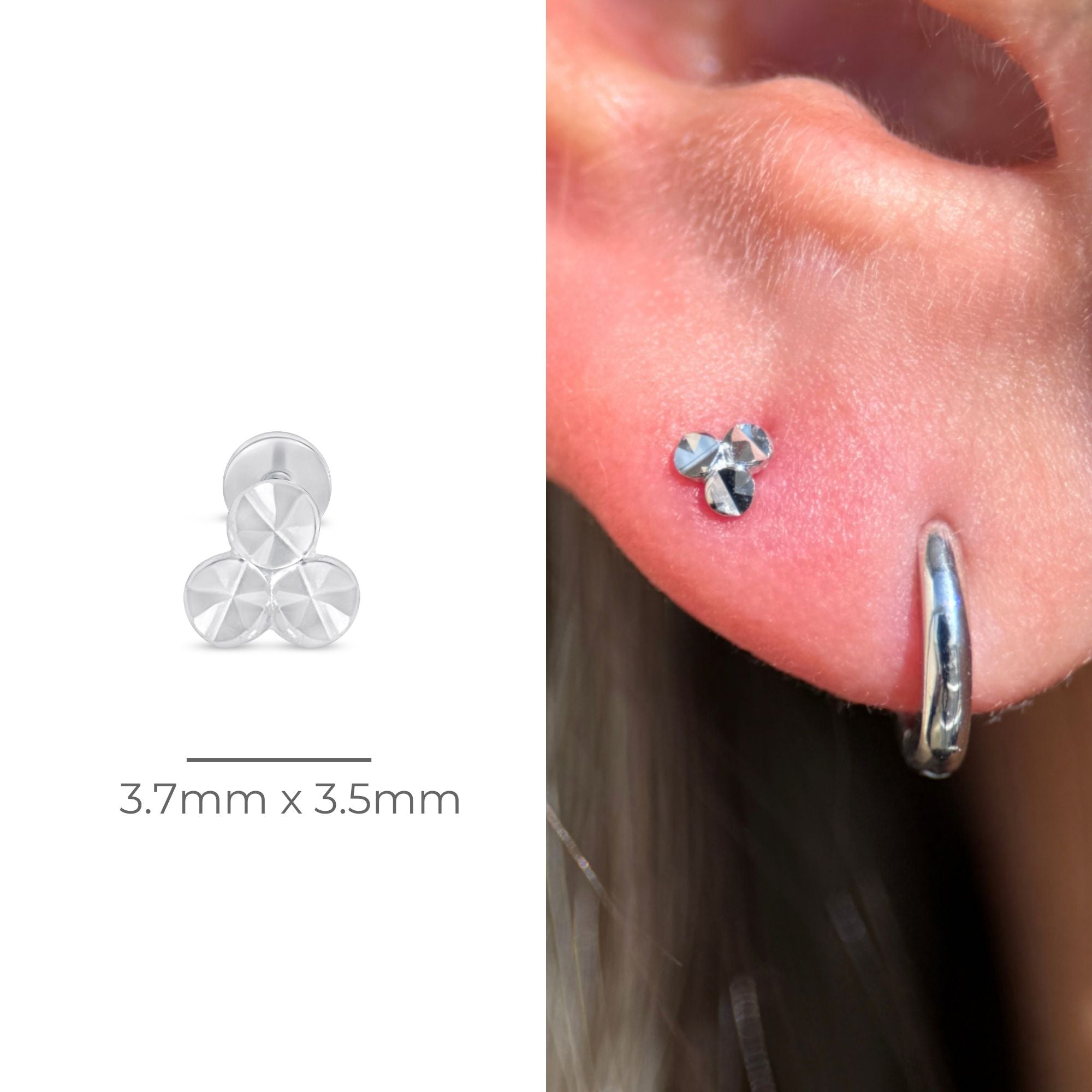 Diamond Cut Solid 14k White Gold Trinity Flat Back Stud