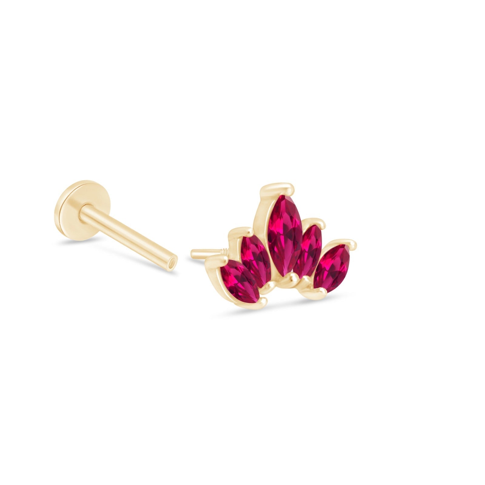 Marquise Cut Five Petal Ruby Lotus Flat Back Stud in Solid 14k Yellow Gold