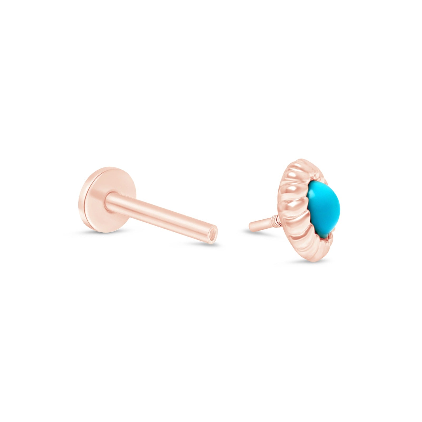 Round Turquoise Cabochon Flat Back Stud in Braided Bezel Set in Solid 14k Rose Gold