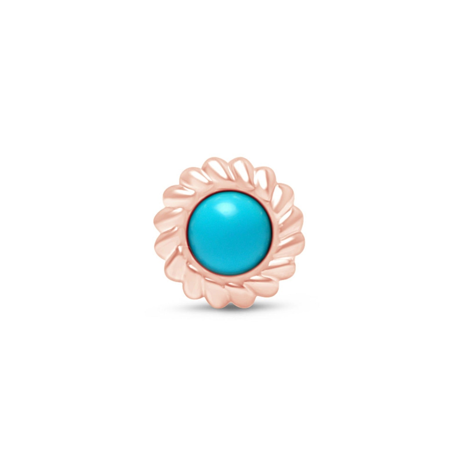 Round Turquoise Cabochon Flat Back Stud in Braided Bezel Set in Solid 14k Rose Gold