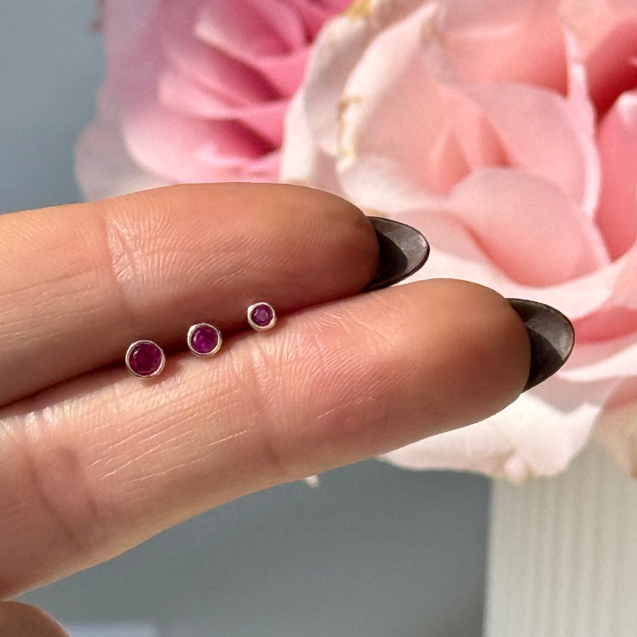 Round Pink Ruby Flat Back Stud Bezel Set in Solid 14k Yellow Gold