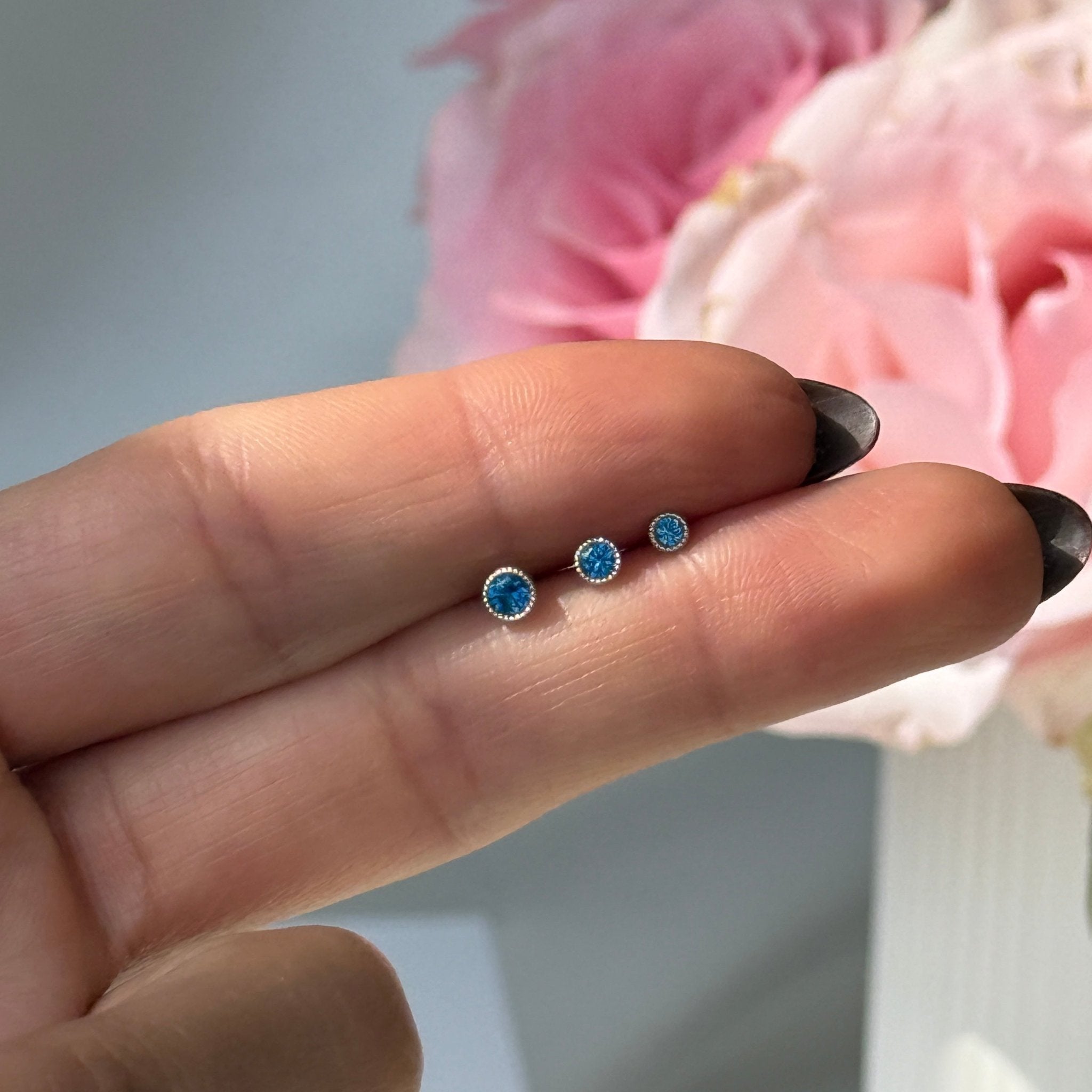 London Blue Topaz Flat Back Stud Milgrain Set in Solid 14k Yellow Gold
