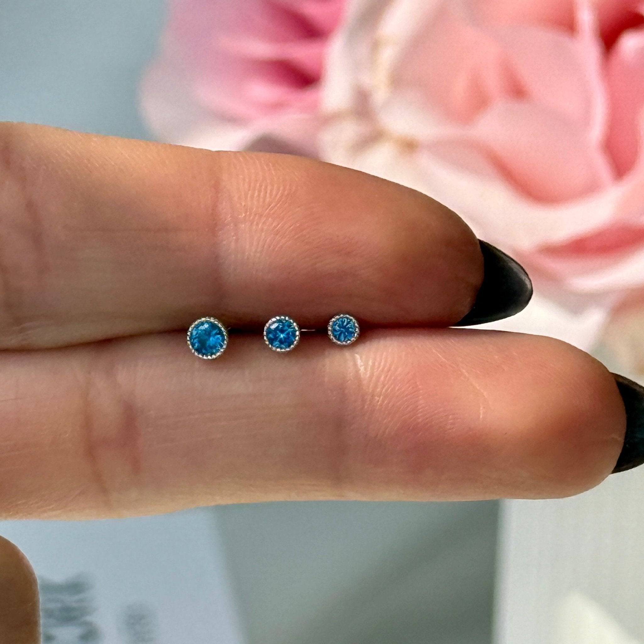 London Blue Topaz Flat Back Stud Milgrain Set in Solid 14k Yellow Gold