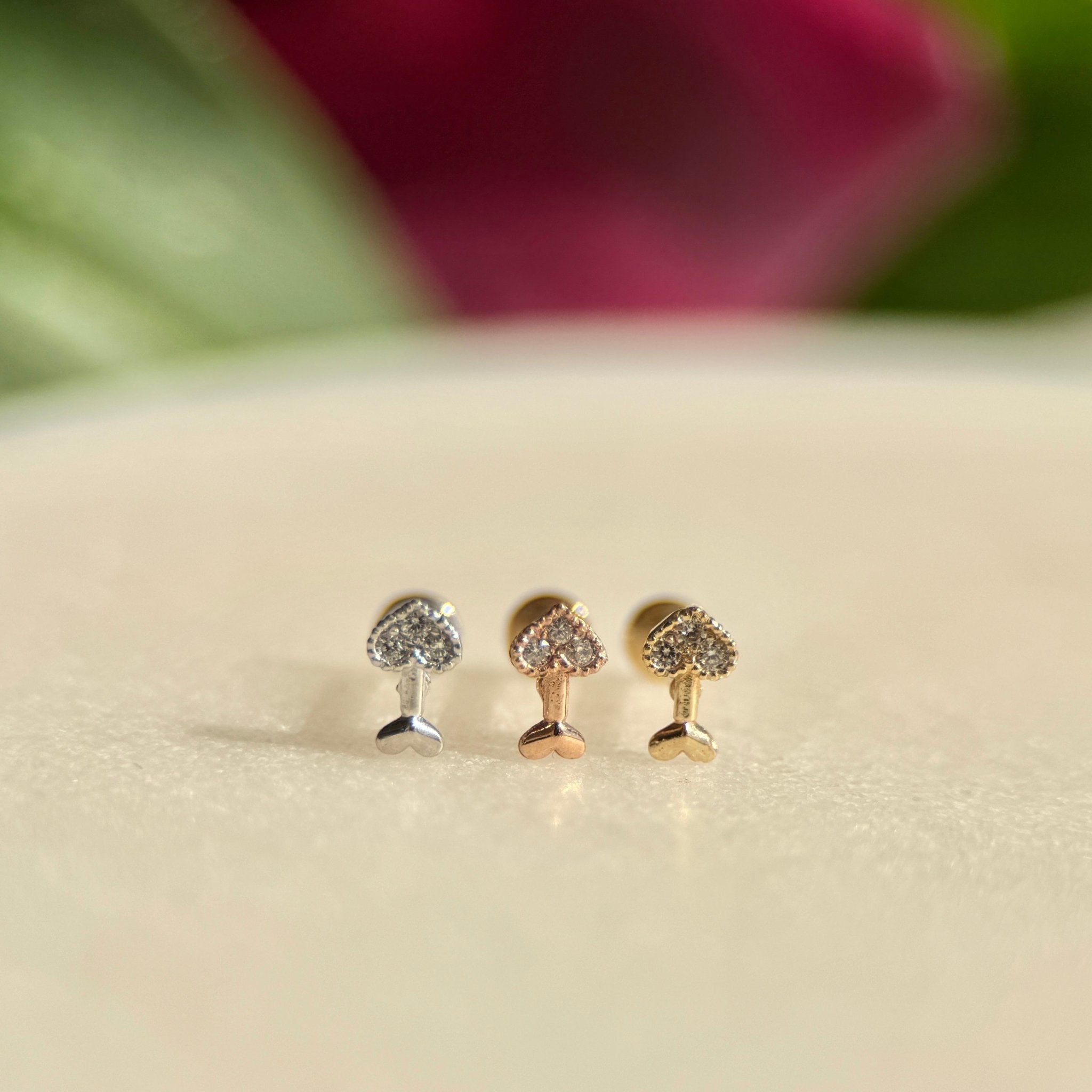 Diamond Heart Cupid's Arrow Flat Back Stud in Solid 14k Yellow Gold