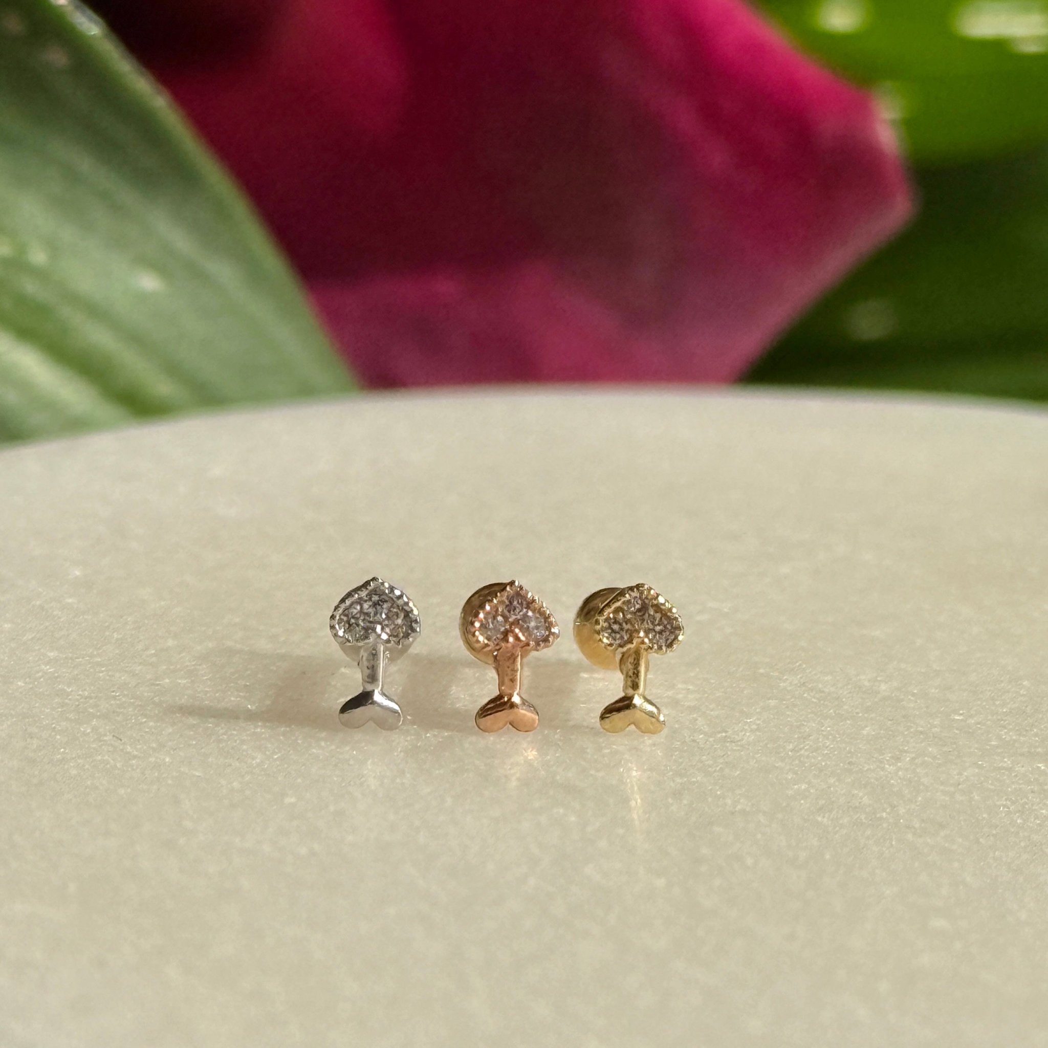 Diamond Heart Cupid's Arrow Flat Back Stud in Solid 14k Yellow Gold