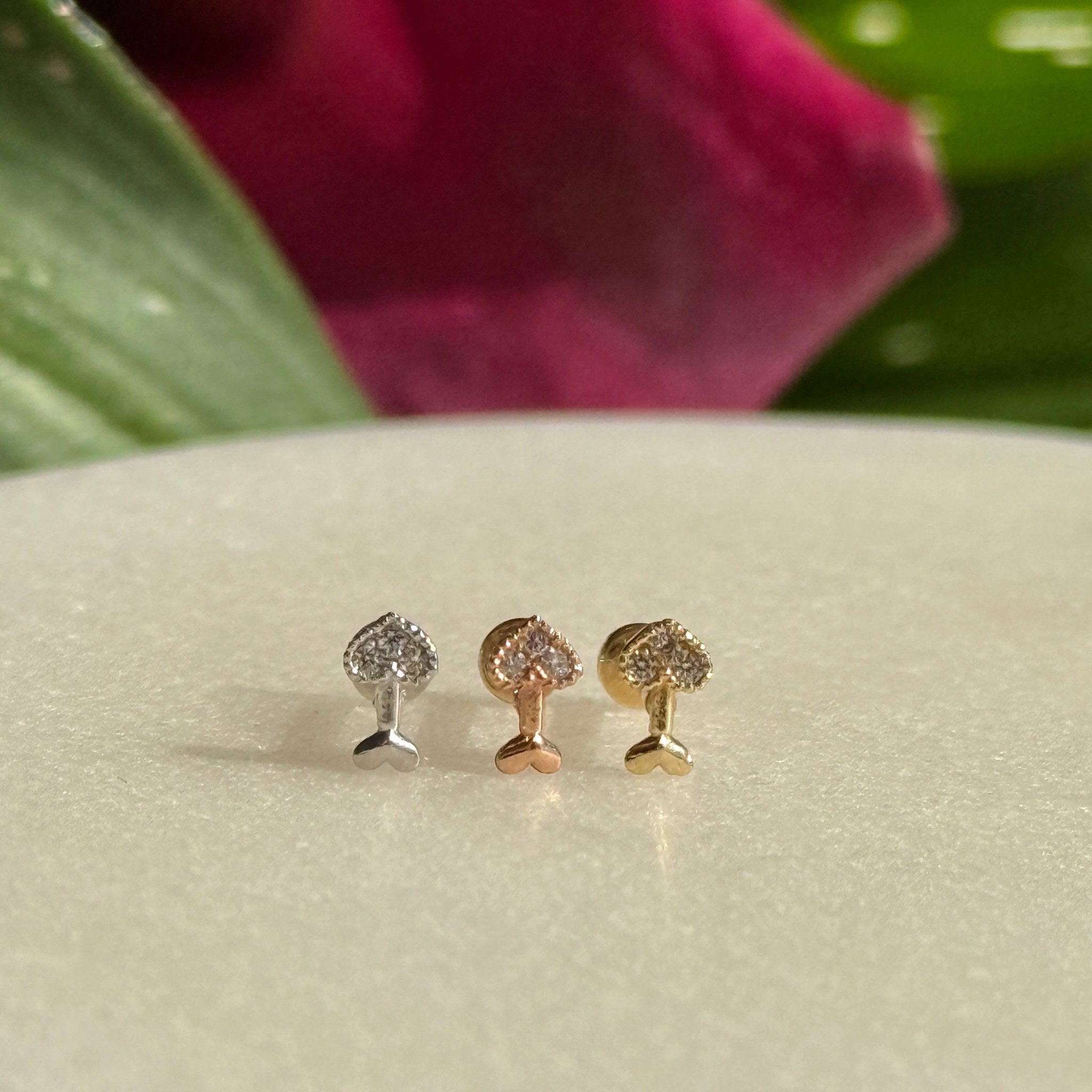 Cupid's Arrow Diamond Studded Flat Back Stud in Solid 14k Rose Gold