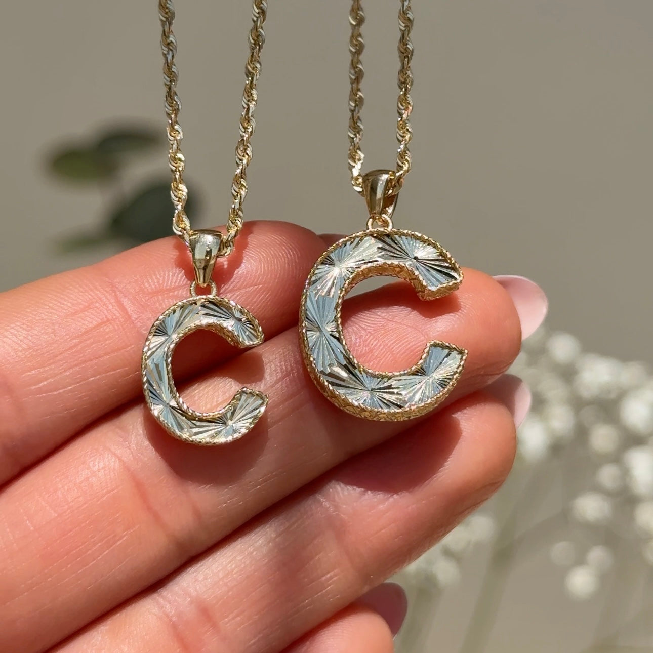 Radiant-Cut Initial Pendant in Solid 10k Yellow Gold - C