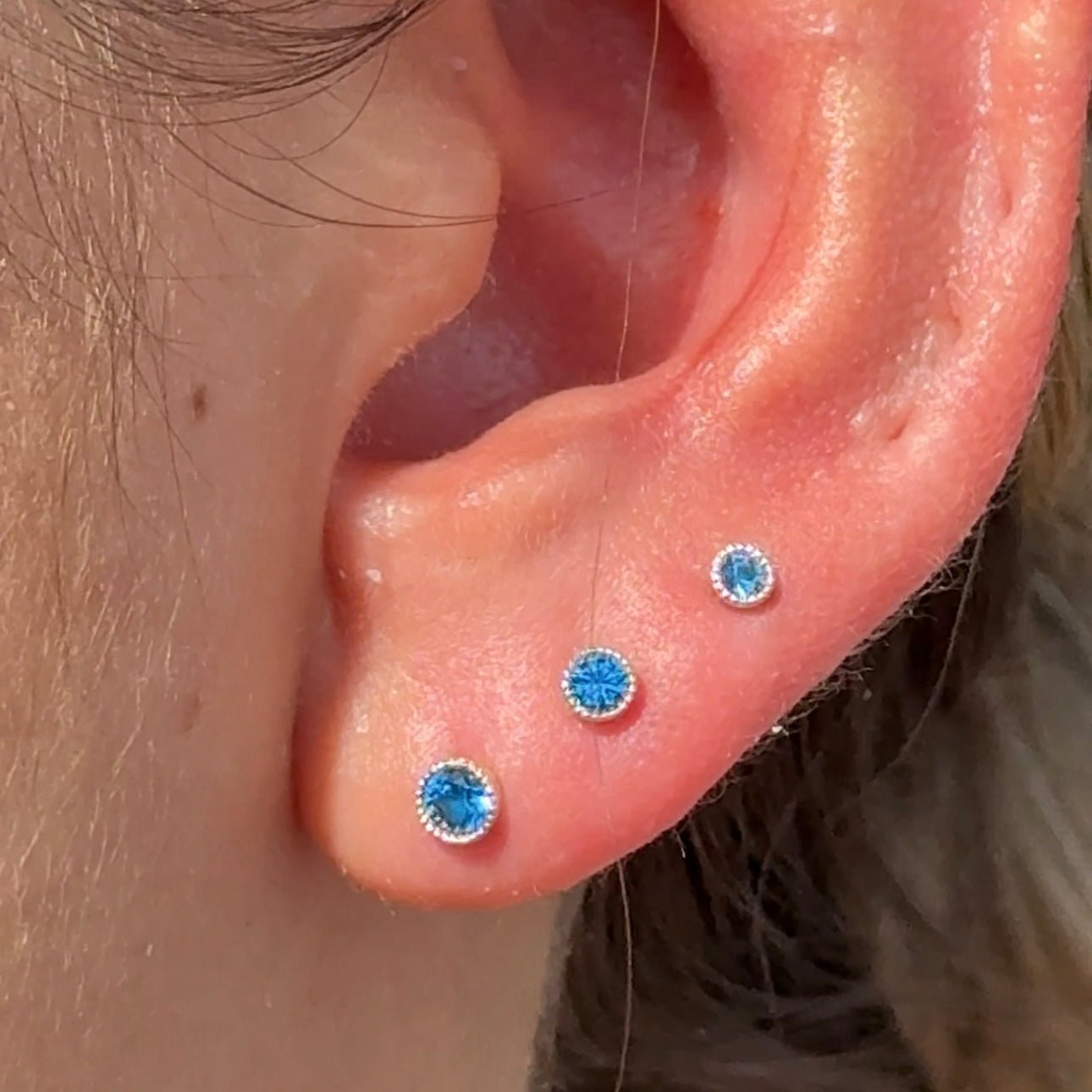London Blue Topaz Flat Back Stud Milgrain Set in Solid 14k Yellow Gold