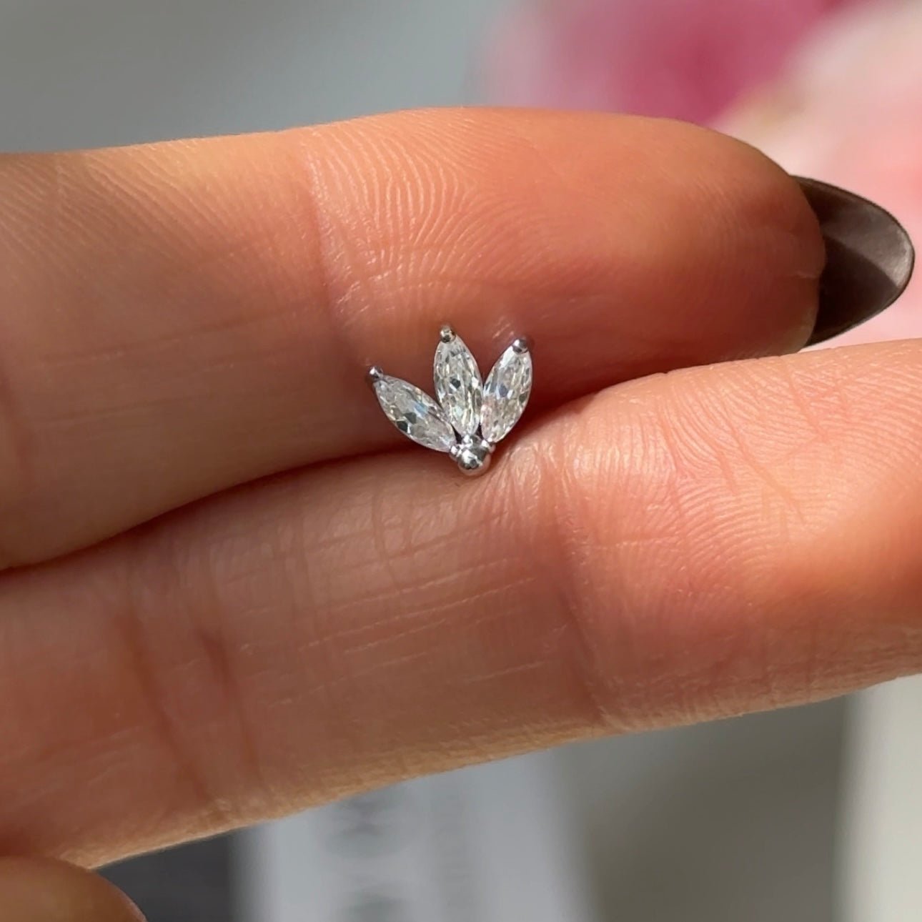 Marquise Gemstone Lotus Flat Back Stud in Solid 14k White Gold