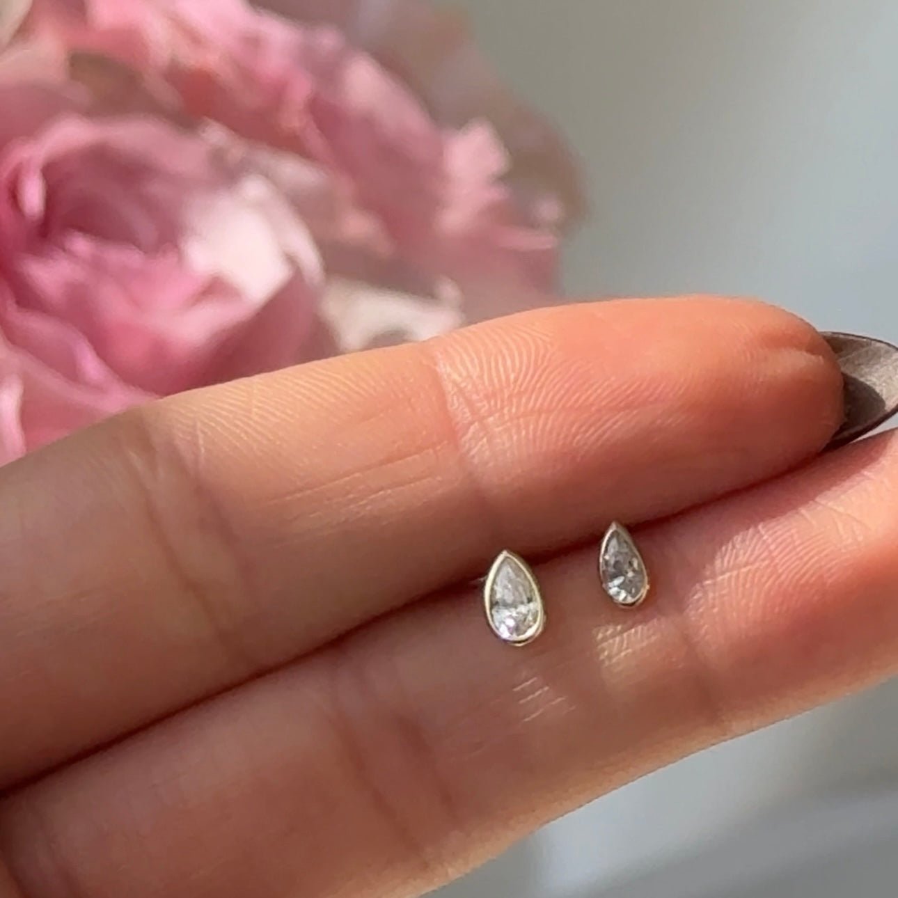 Pear Gemstone Flat Back Stud Bezel Set in Solid 14k Yellow Gold