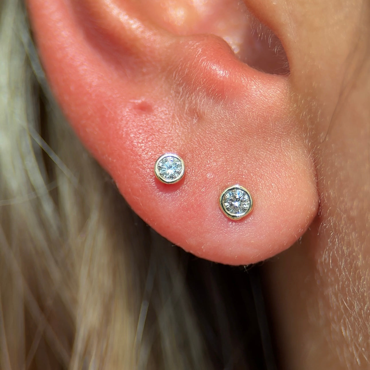 Floating Round Diamond Flat Back Stud Earrings Invisibly Set in Solid 14k Yellow Gold