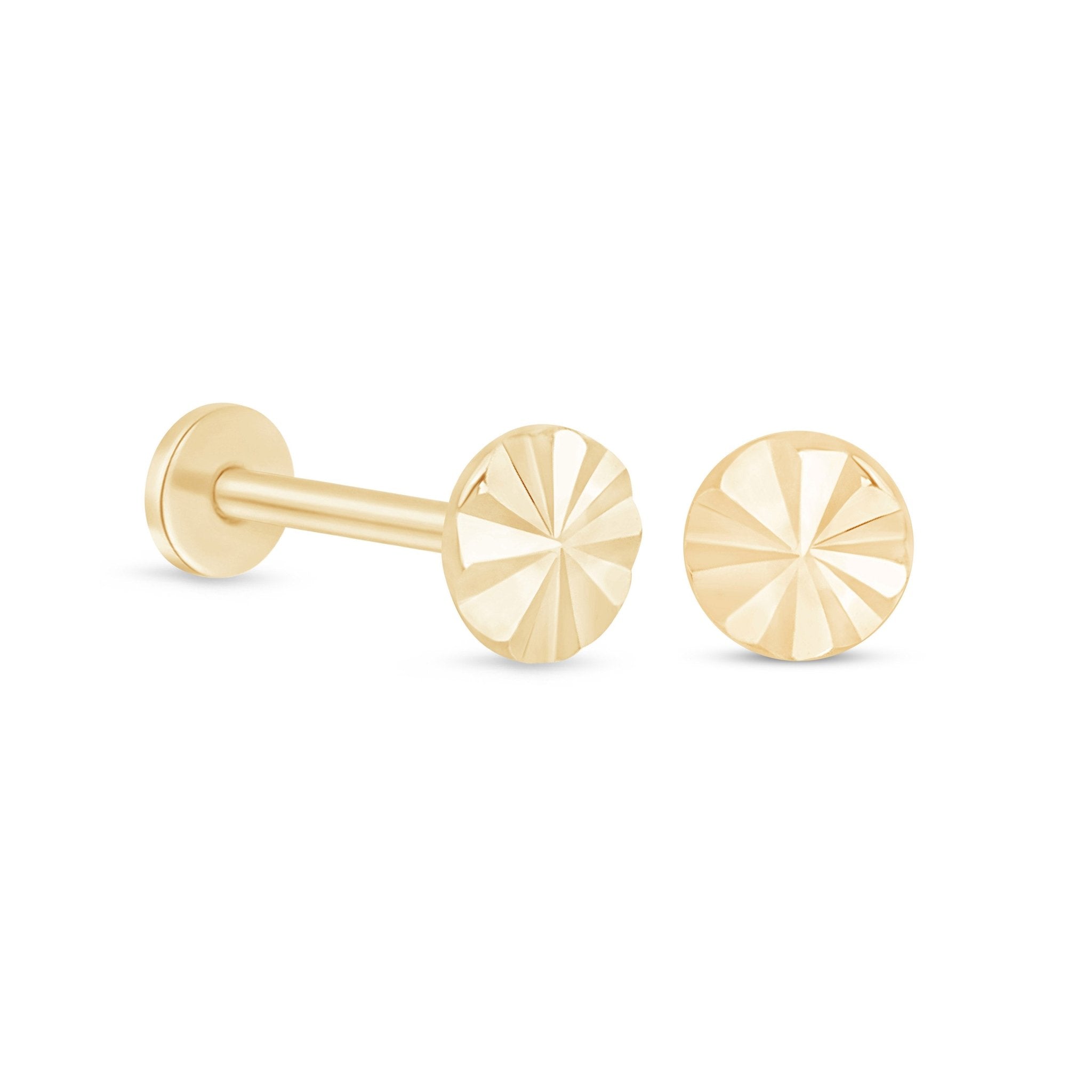 Diamond Cut Solid 14k Yellow Gold Disc Flat Back Stud