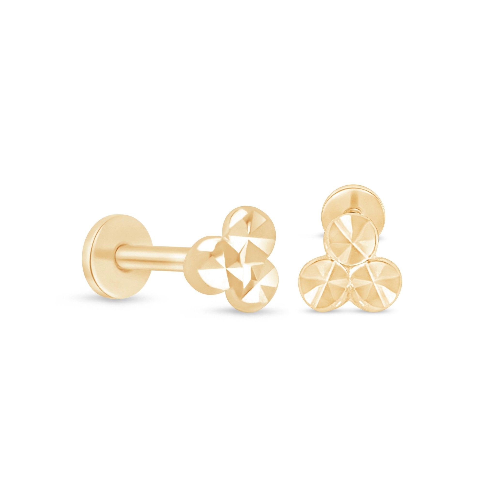 Diamond Cut Solid 14k Yellow Gold Trinity Flat Back Stud