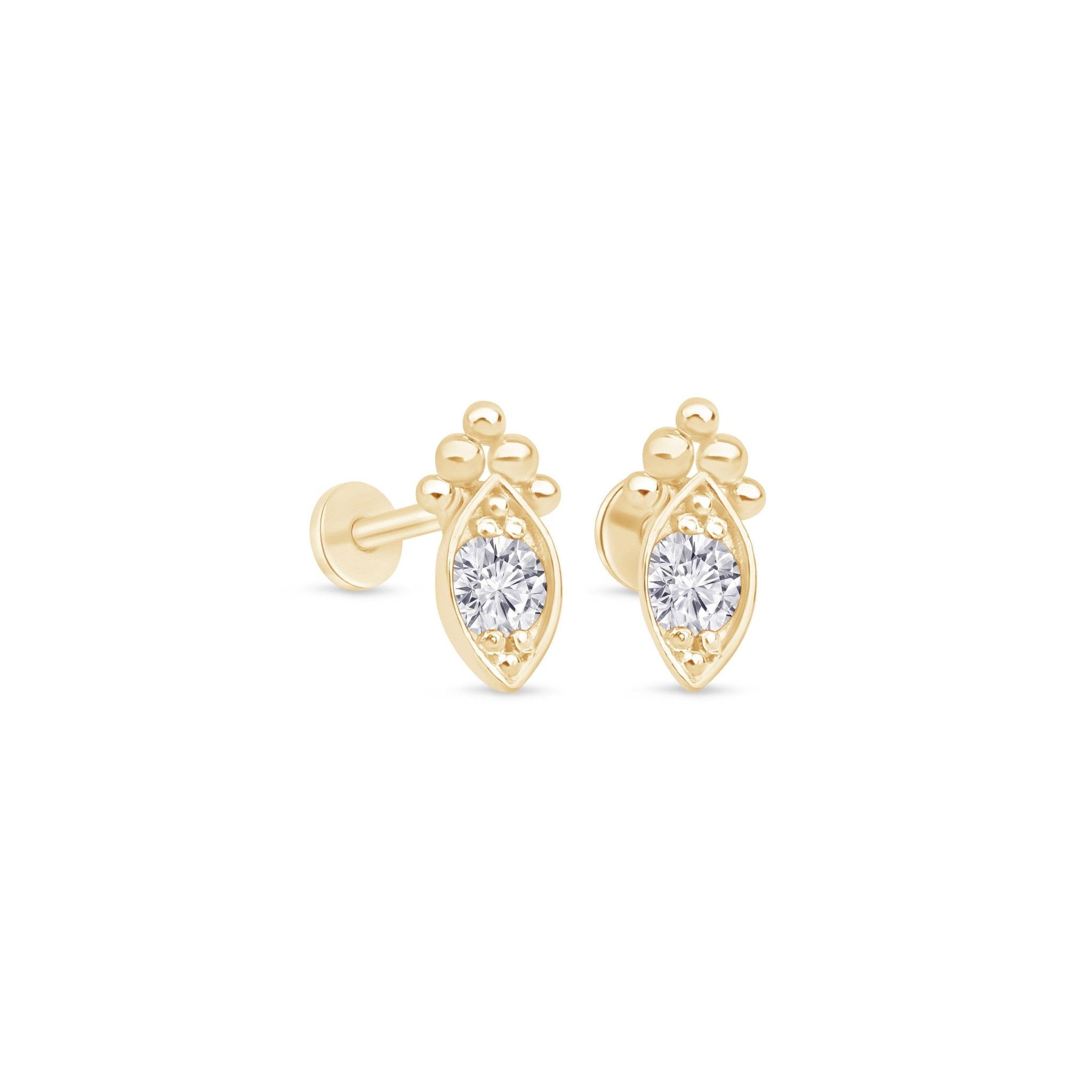 Marquise Shape Gold Flat Back Stud in Solid 14k Yellow Gold