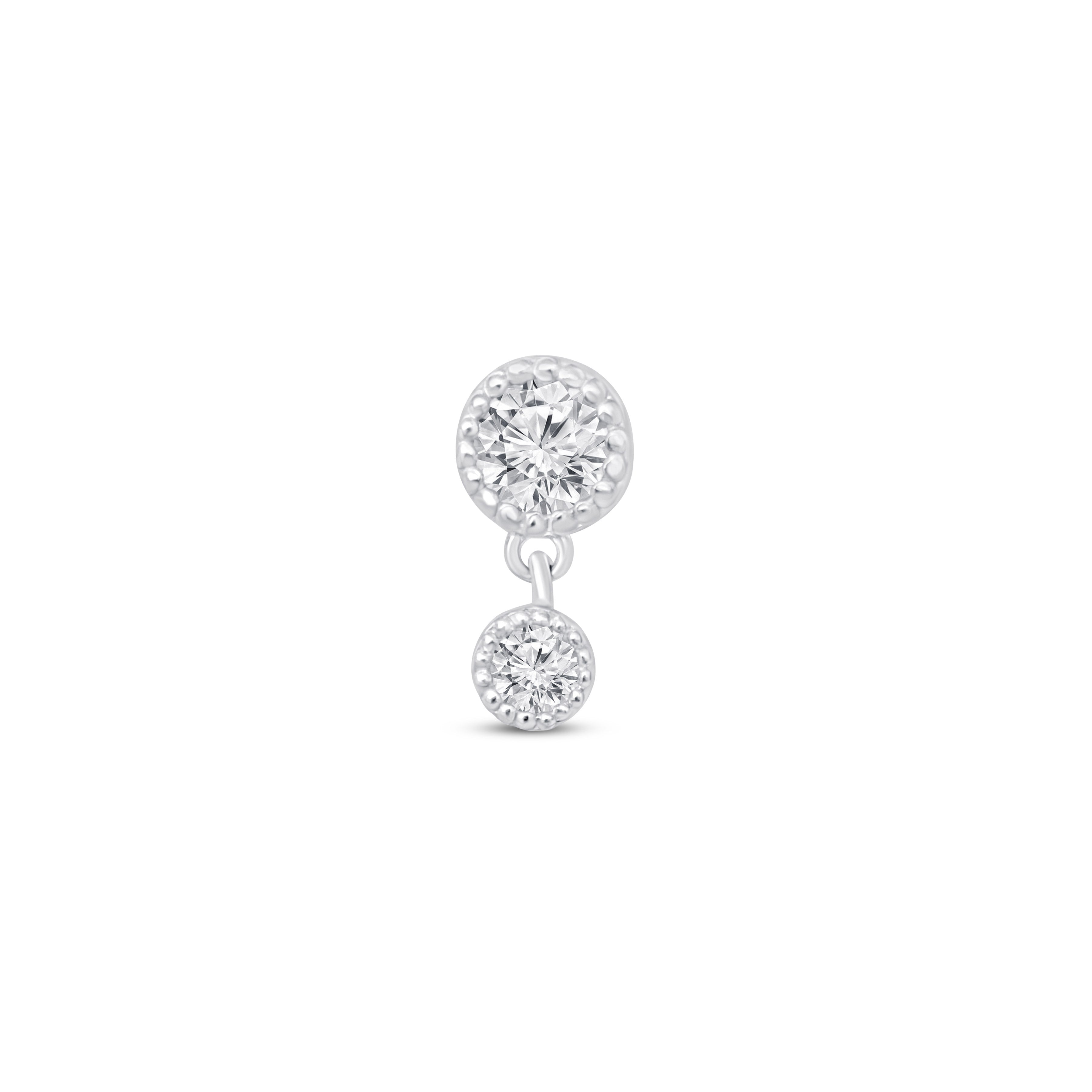 Double Diamond Drop Flat Back Stud in Solid 14k White Gold