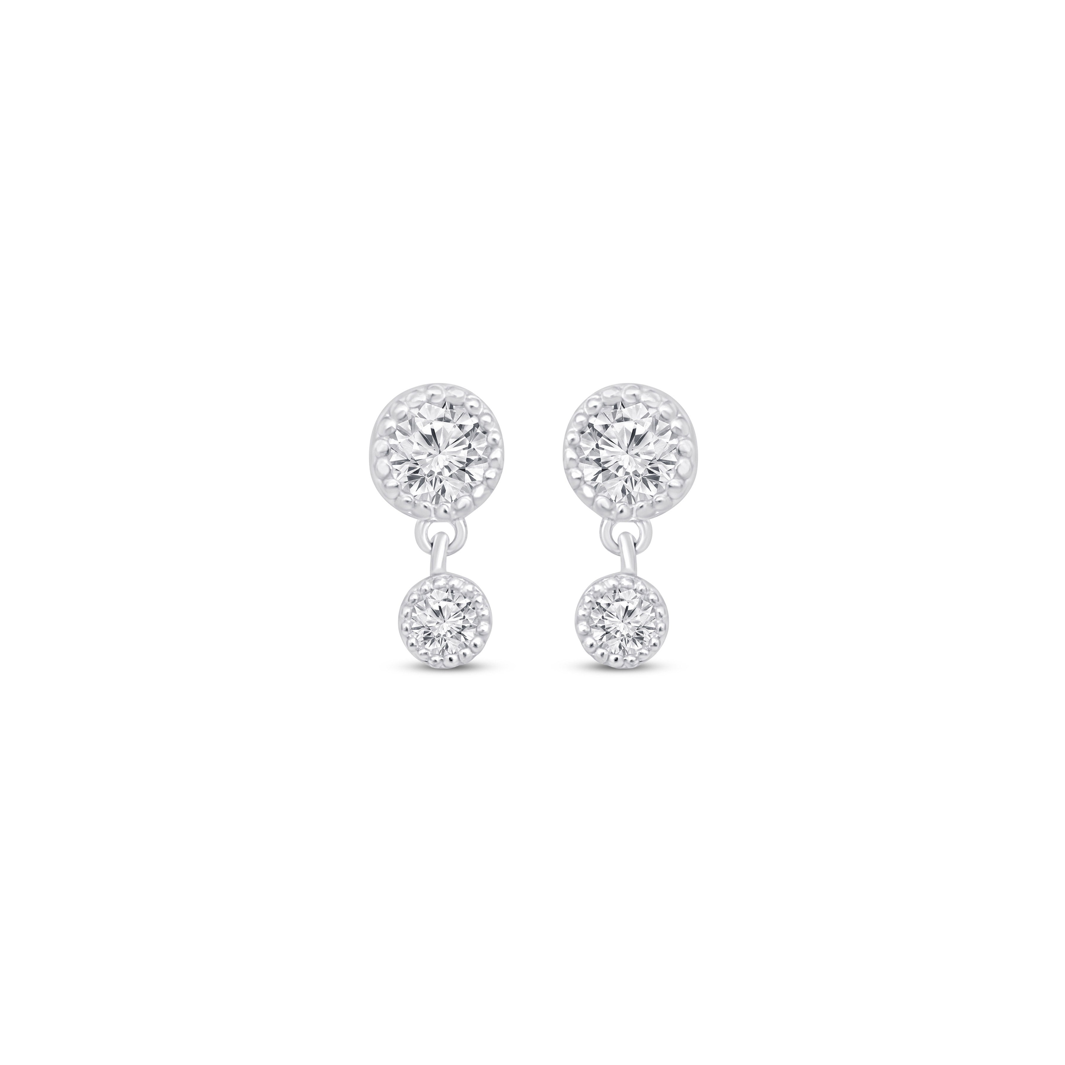 Double Diamond Drop Flat Back Stud in Solid 14k White Gold