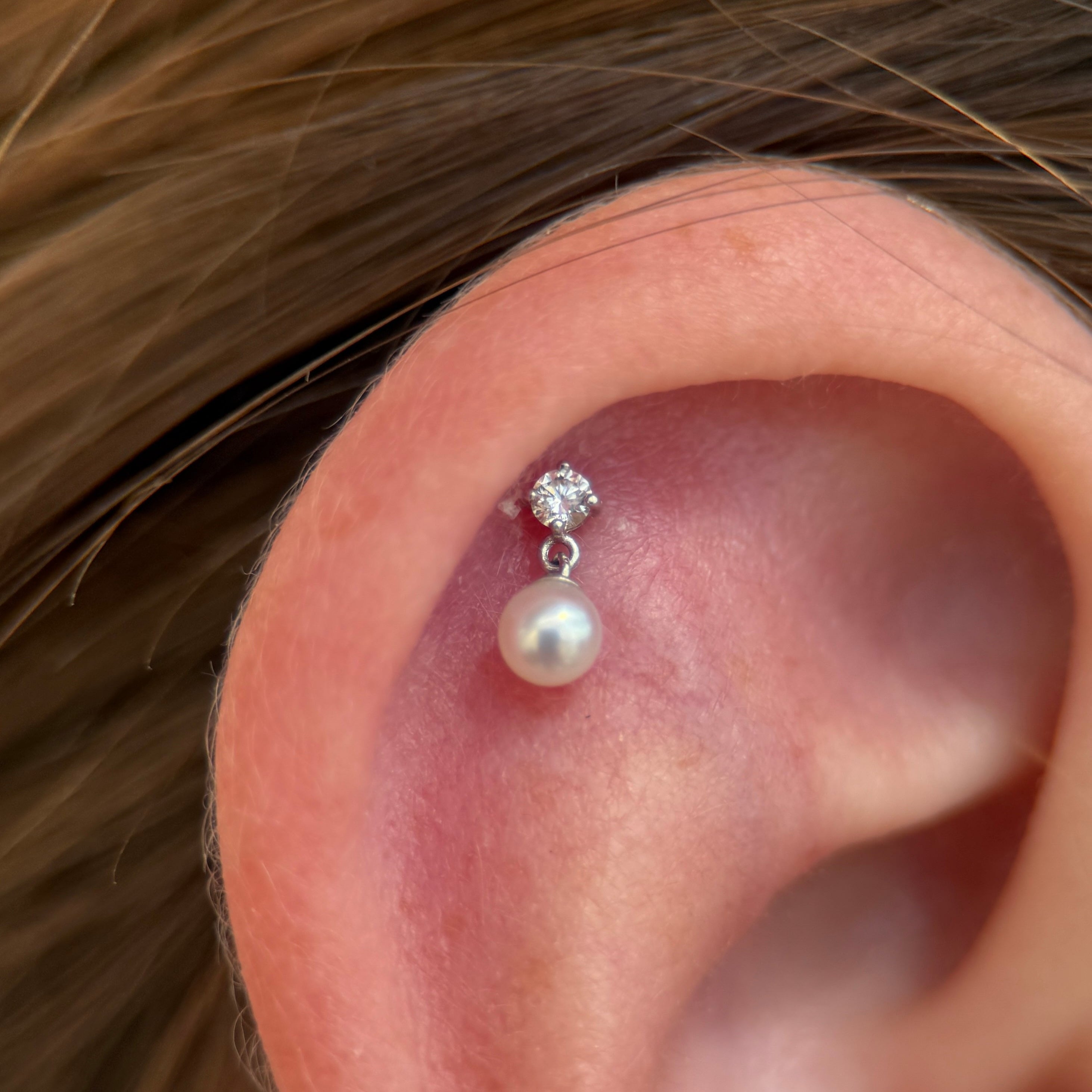 Diamond And Pearl Drop Flat Back Stud in Solid 14k White Gold