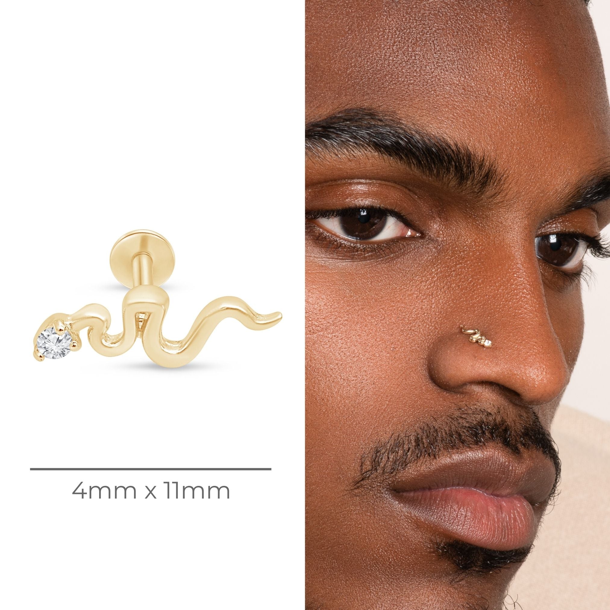 Gemstone Snake Flat Back Stud in Solid 14k Yellow Gold