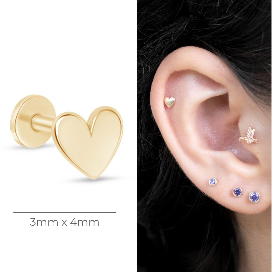 Minimalist Heart Flat Back Stud in Solid 14k Yellow Gold