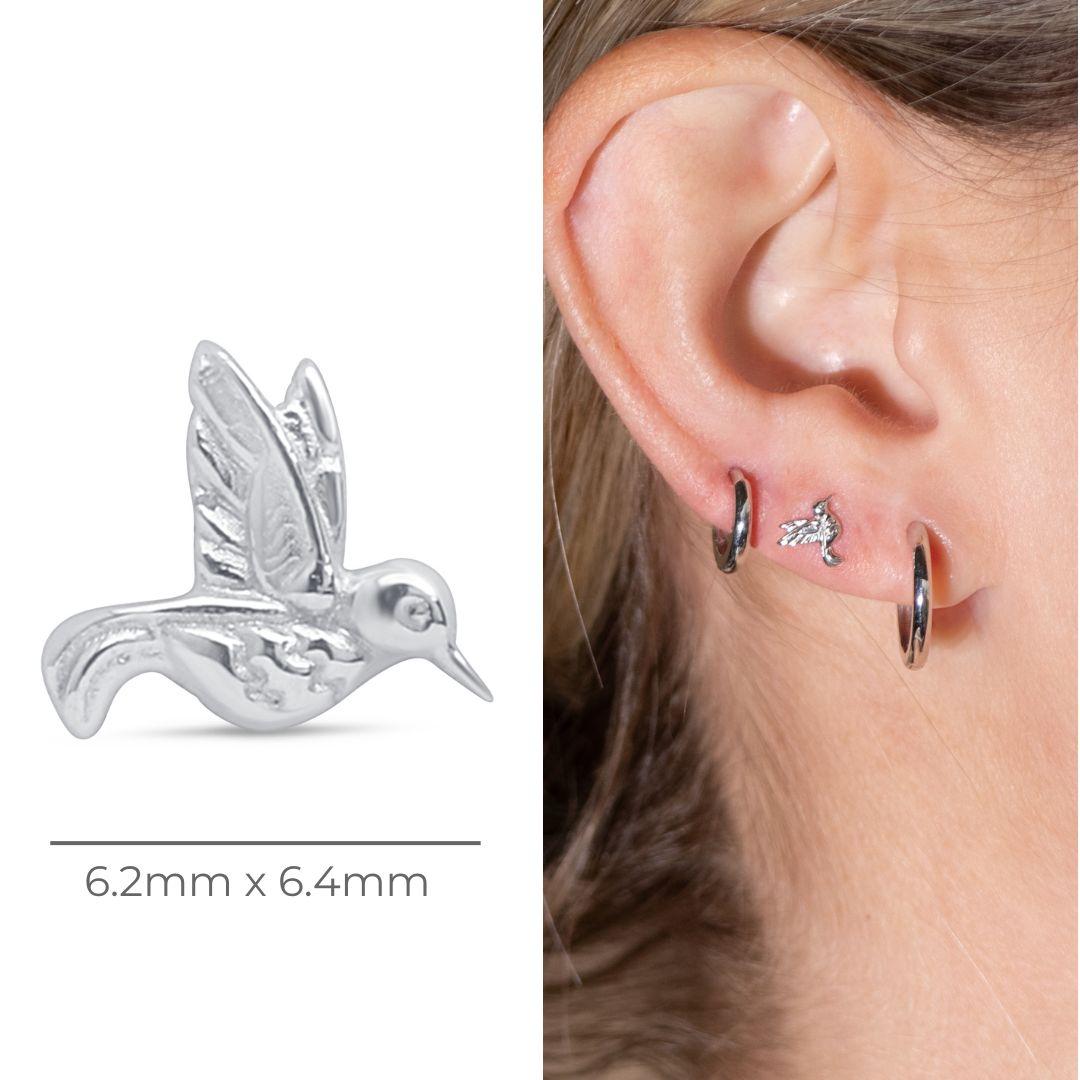 Hummingbird Flat Back Stud in Solid 14k White Gold