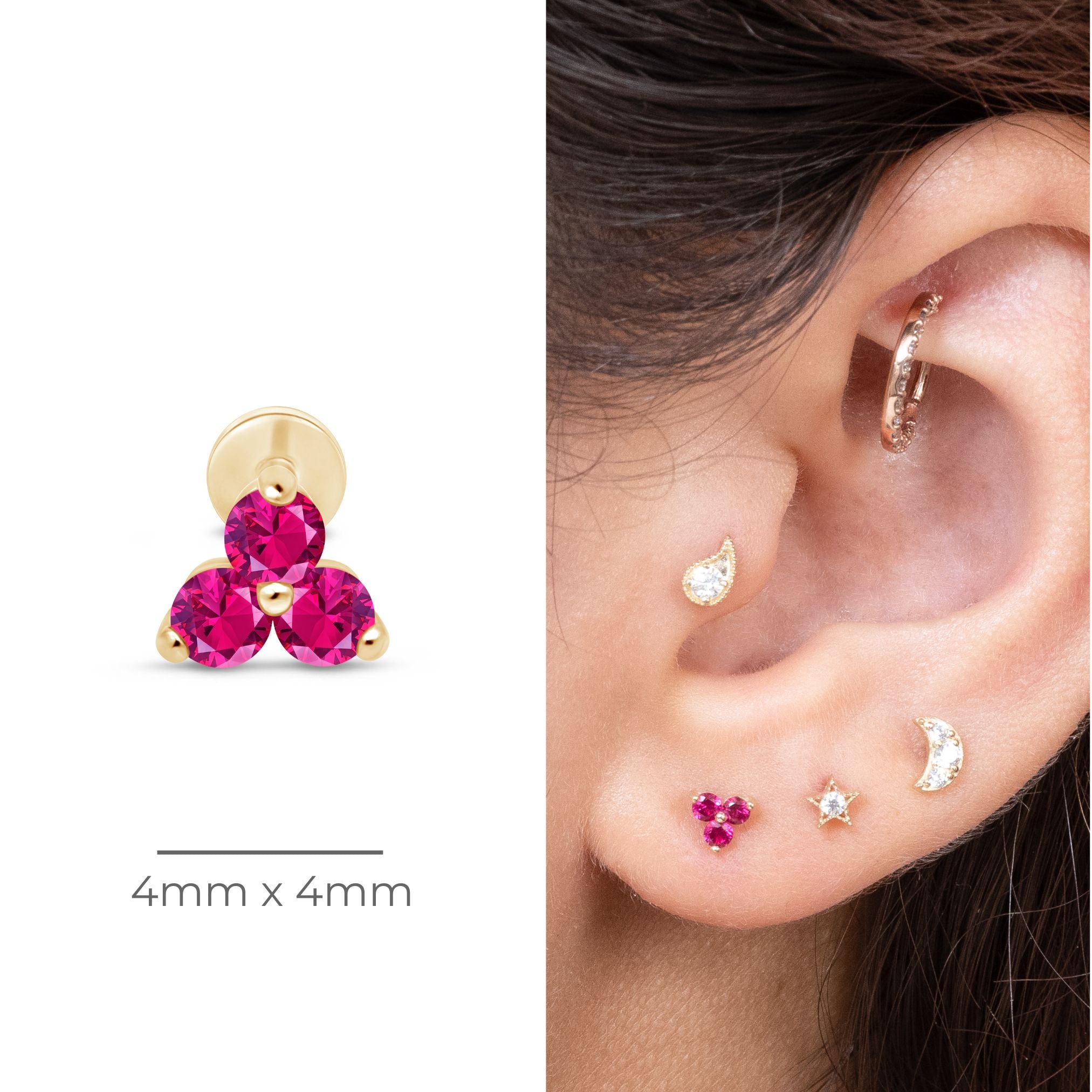 Pink Ruby Trinity Cluster Flat Back Stud in Solid 14k Yellow Gold