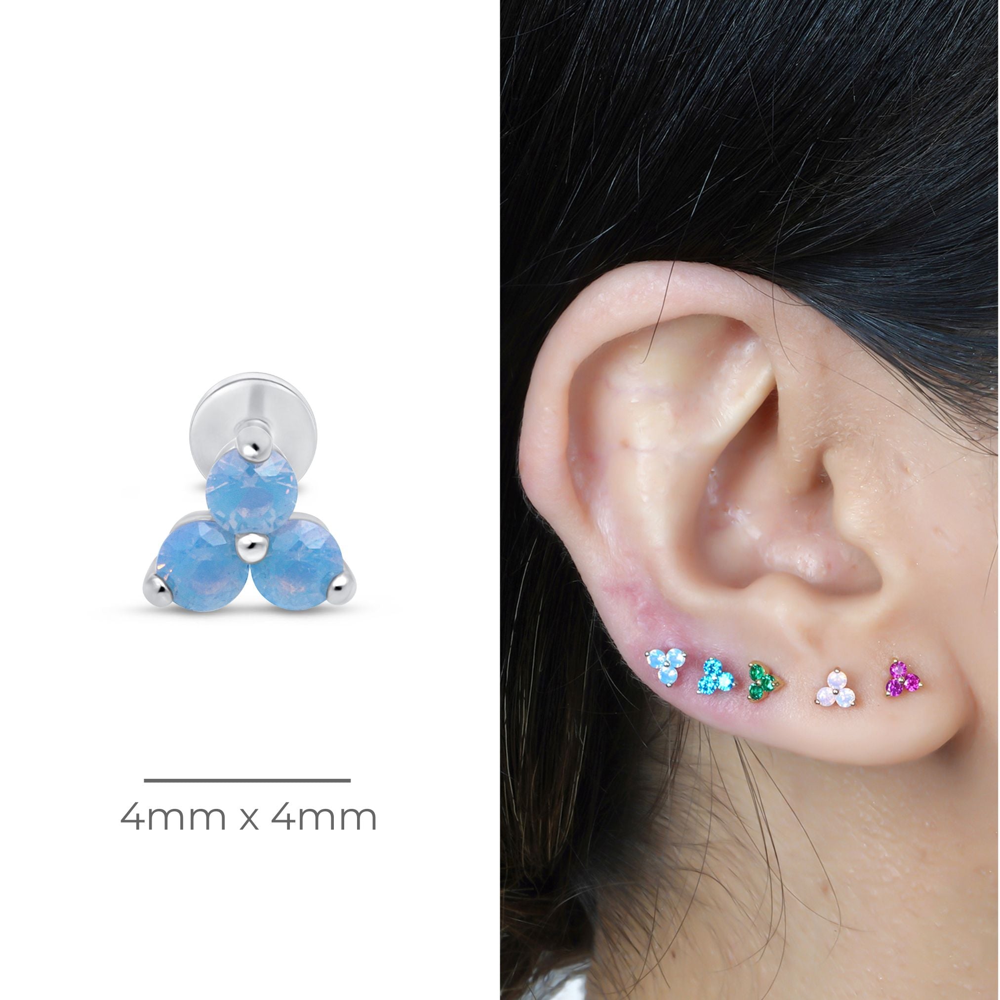 Blue Opal Trinity Cluster Flat Back Stud in Solid 14k White Gold