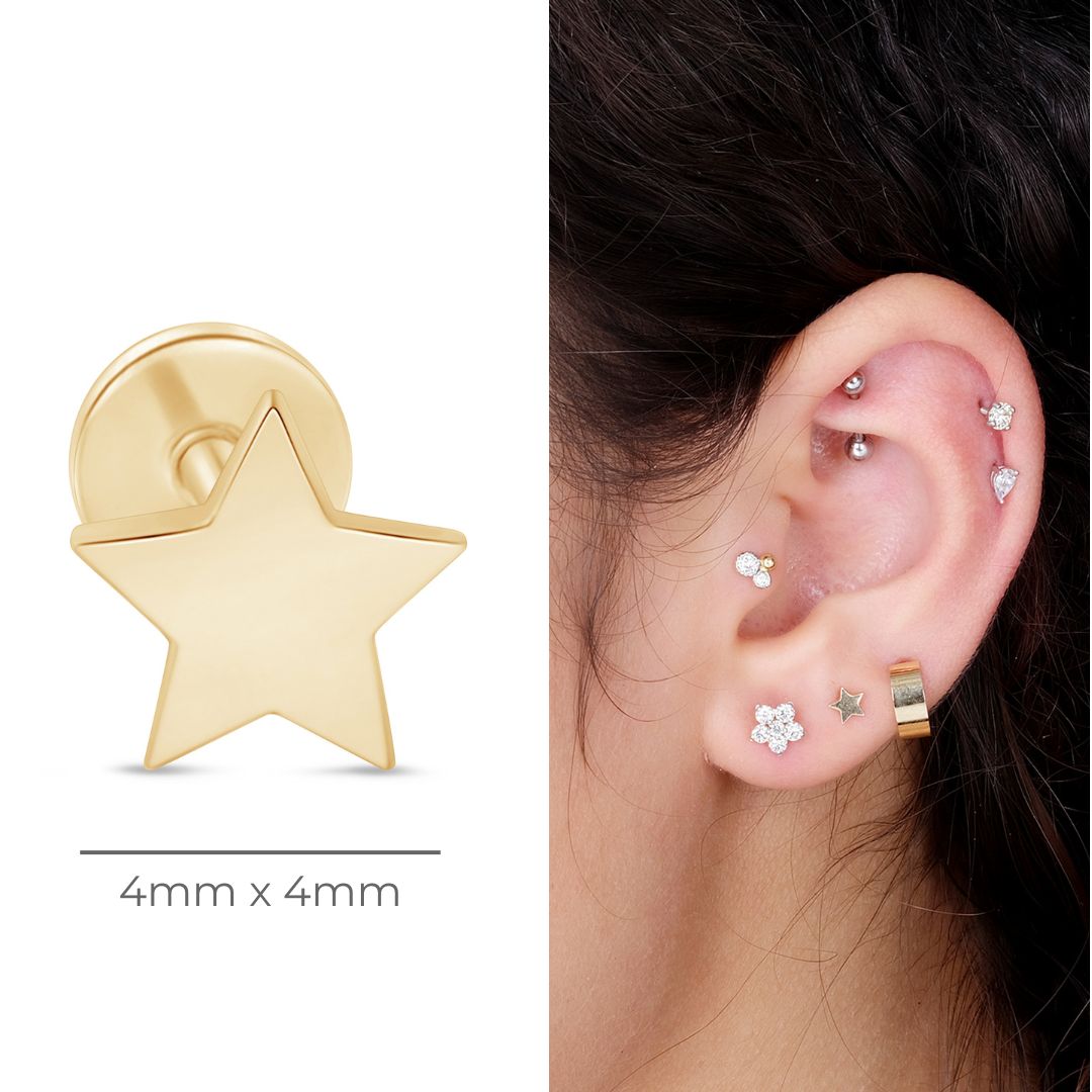 Gold Star Flat Back Stud in Solid 14k Yellow Gold