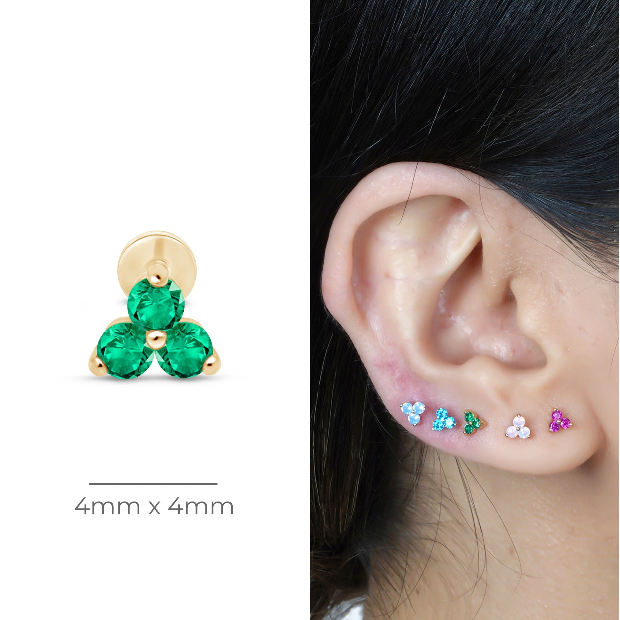 Emerald Trinity Cluster Flat Back Stud in Solid 14k Yellow Gold
