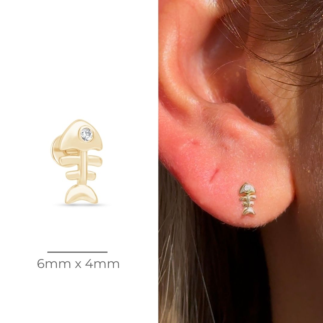 Fishbone Flat Back Stud in Solid 14k Yellow Gold