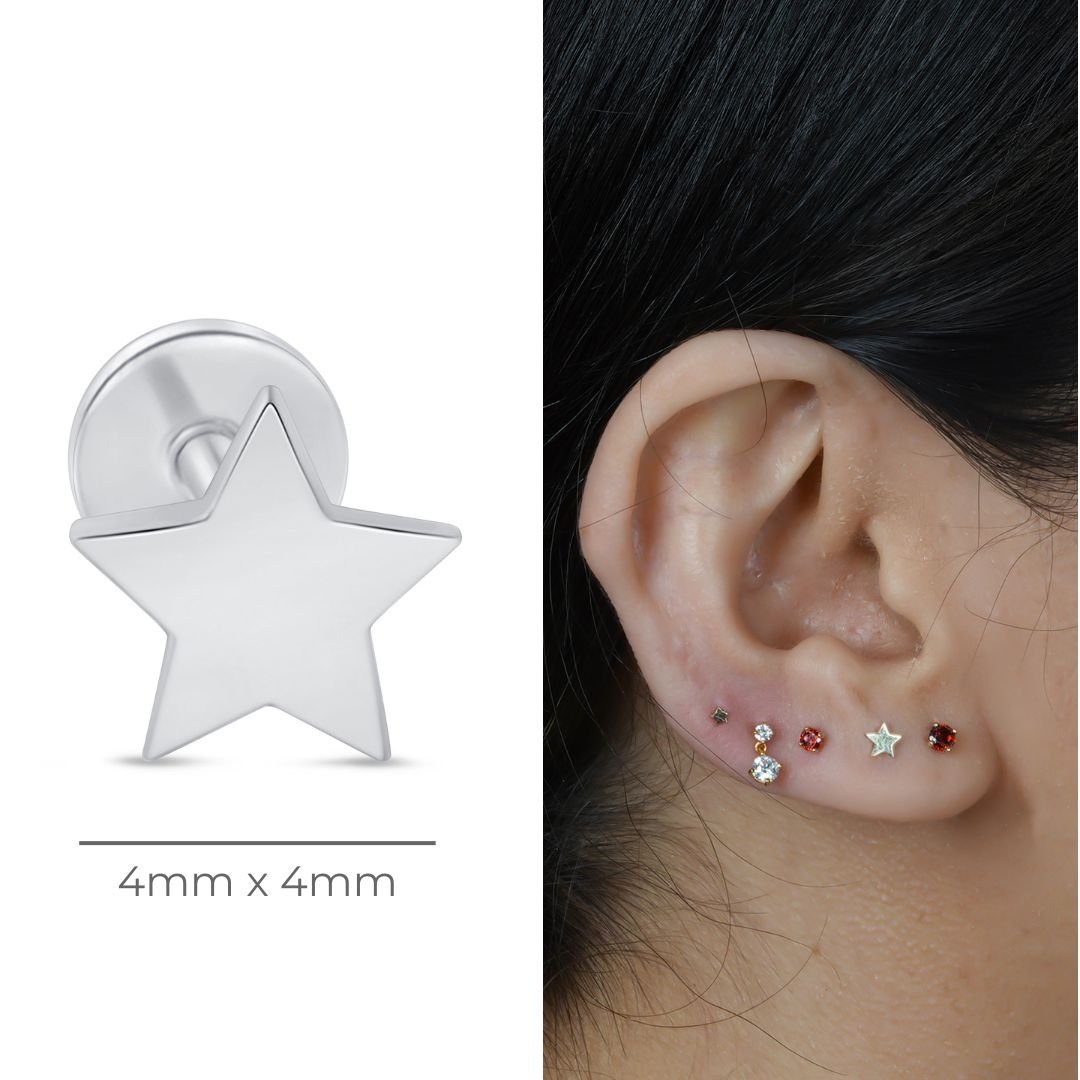 Star Flat Back Stud in Solid 14k White Gold