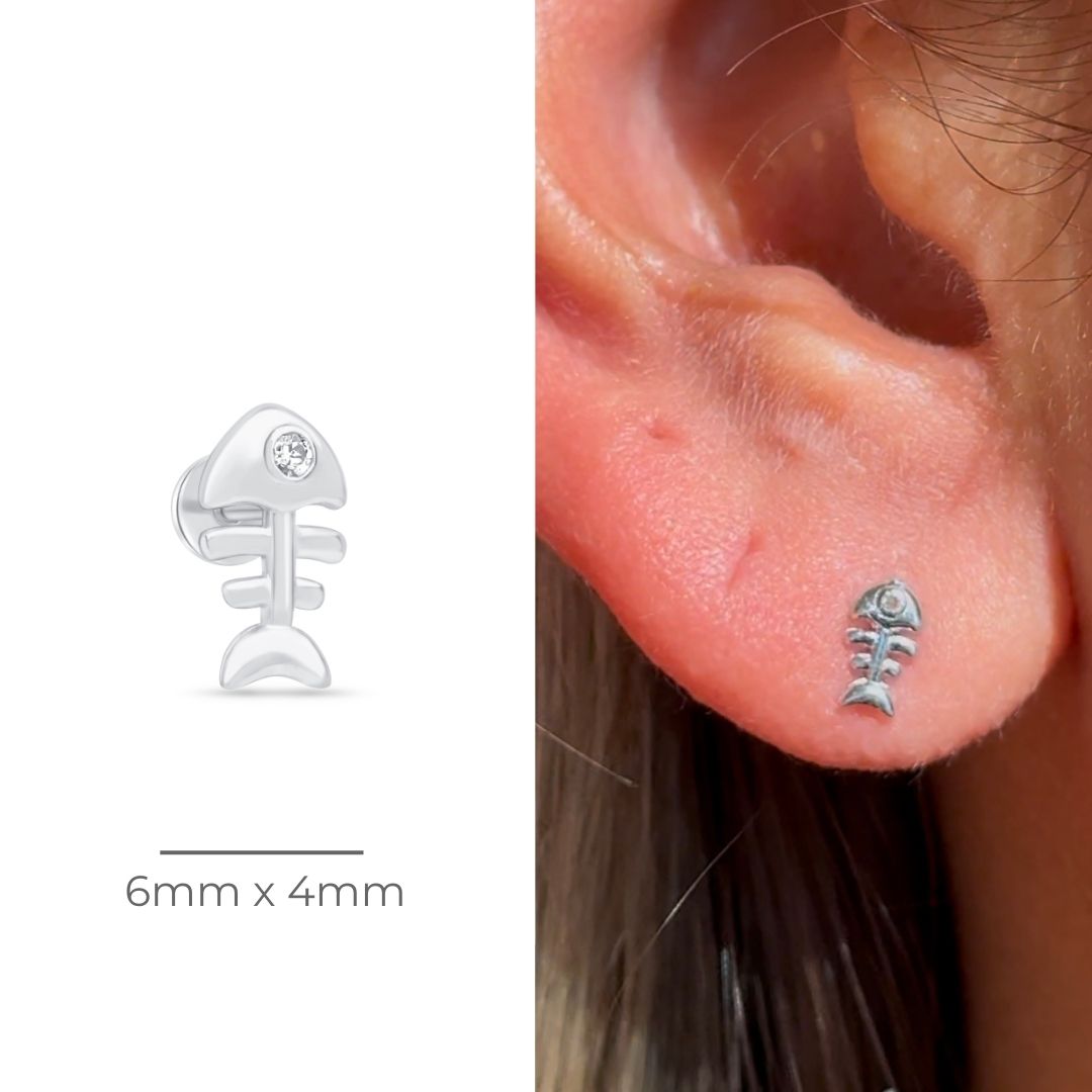 Fishbone Flat Back Stud in Solid 14k White Gold