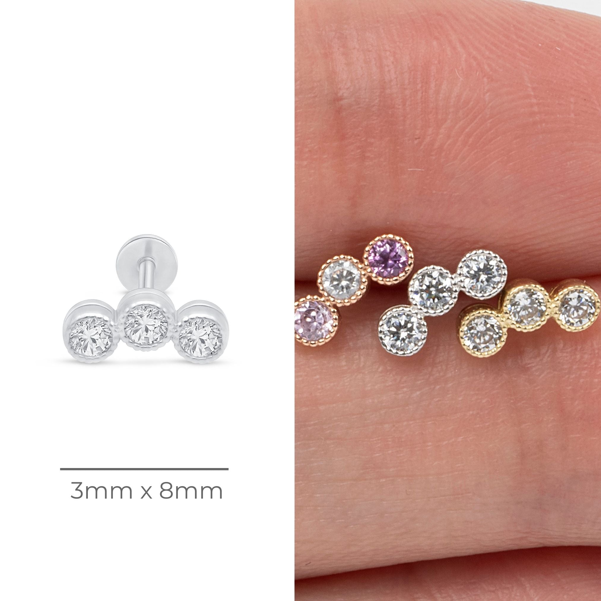 Triple Gemstone Flat Back Stud Milgrain Set in Solid 14k White Gold