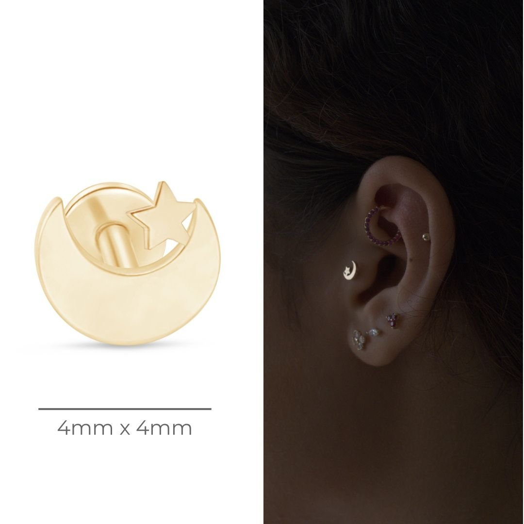 Crescent Moon and Star Flat Back Stud in Solid 14k Yellow Gold
