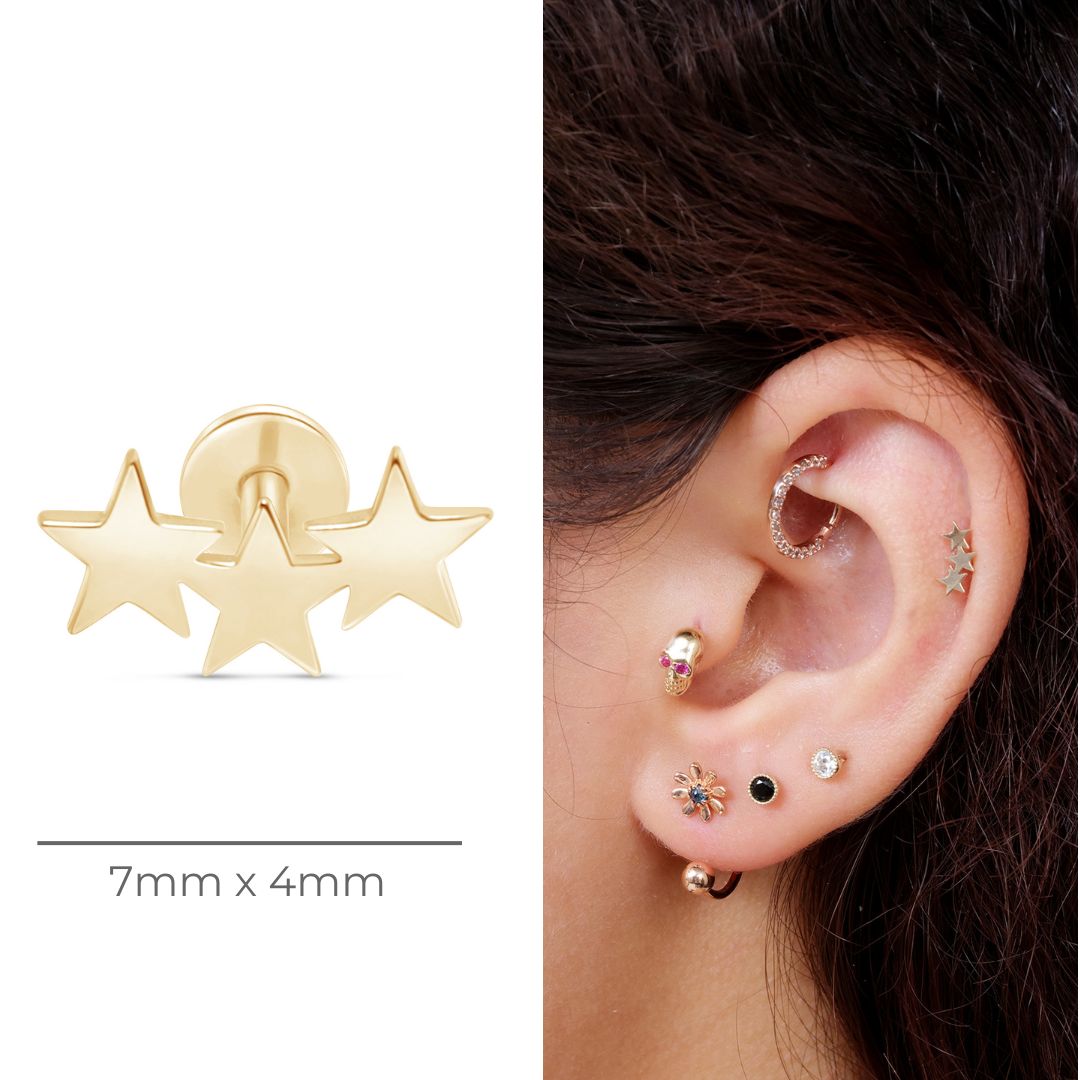 Three Star Flat Back Stud in Solid 14k Yellow Gold