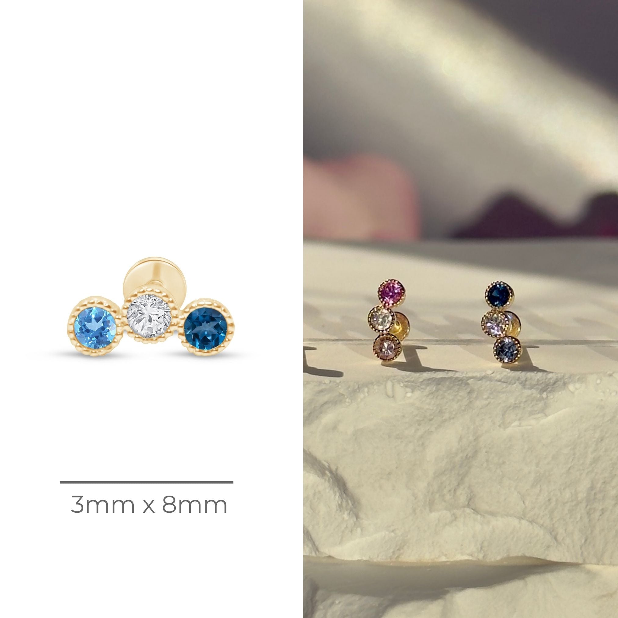 Triple Topaz Flat Back Stud Milgrain Set in Solid 14k Yellow Gold