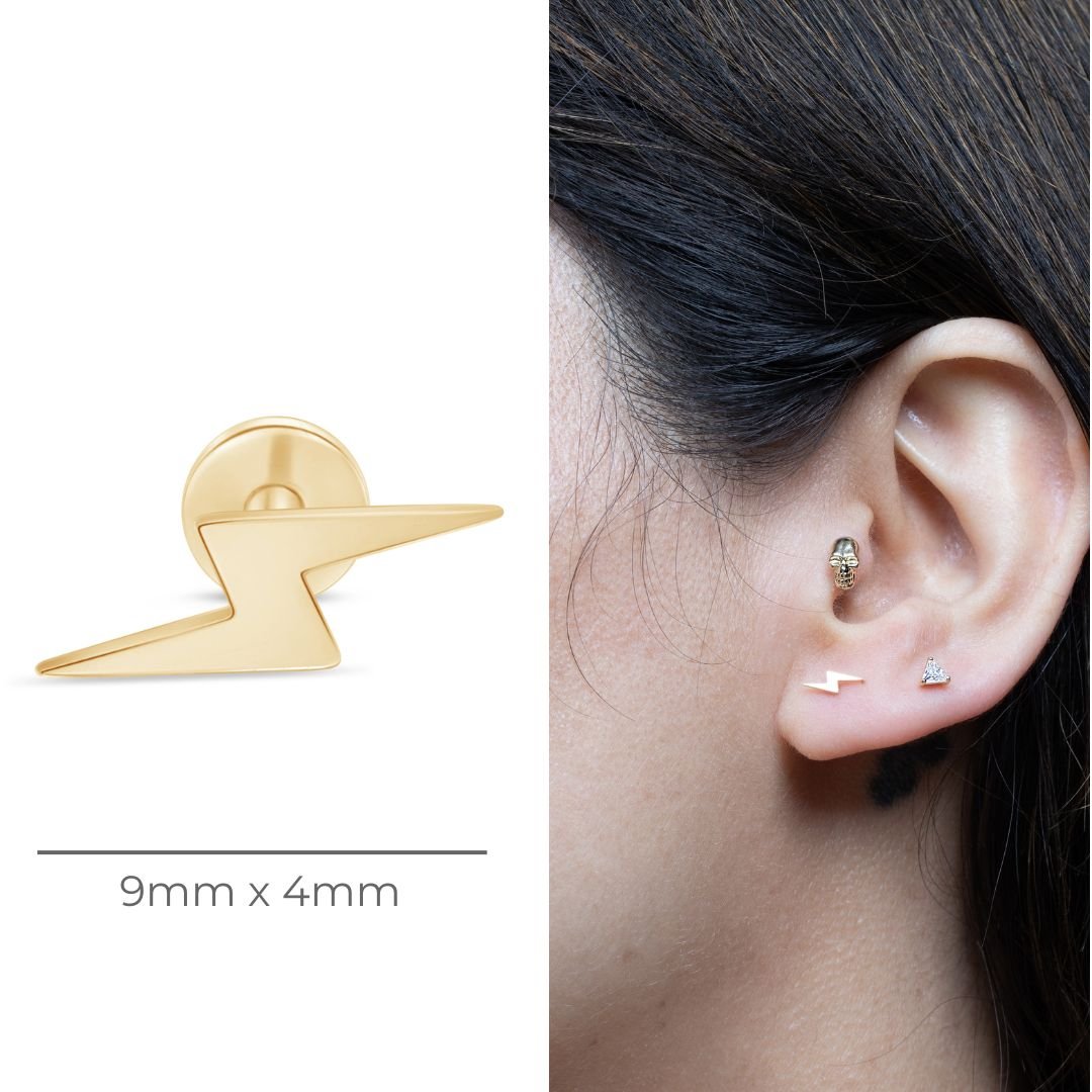 Lightning Bolt Flat Back Stud in Solid 14k Yellow Gold