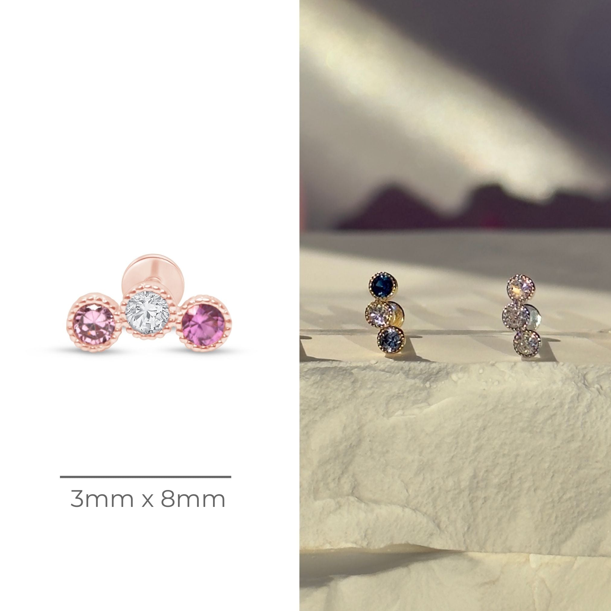 Triple Tourmaline Flat Back Stud Milgrain Set in Solid 14k Rose Gold