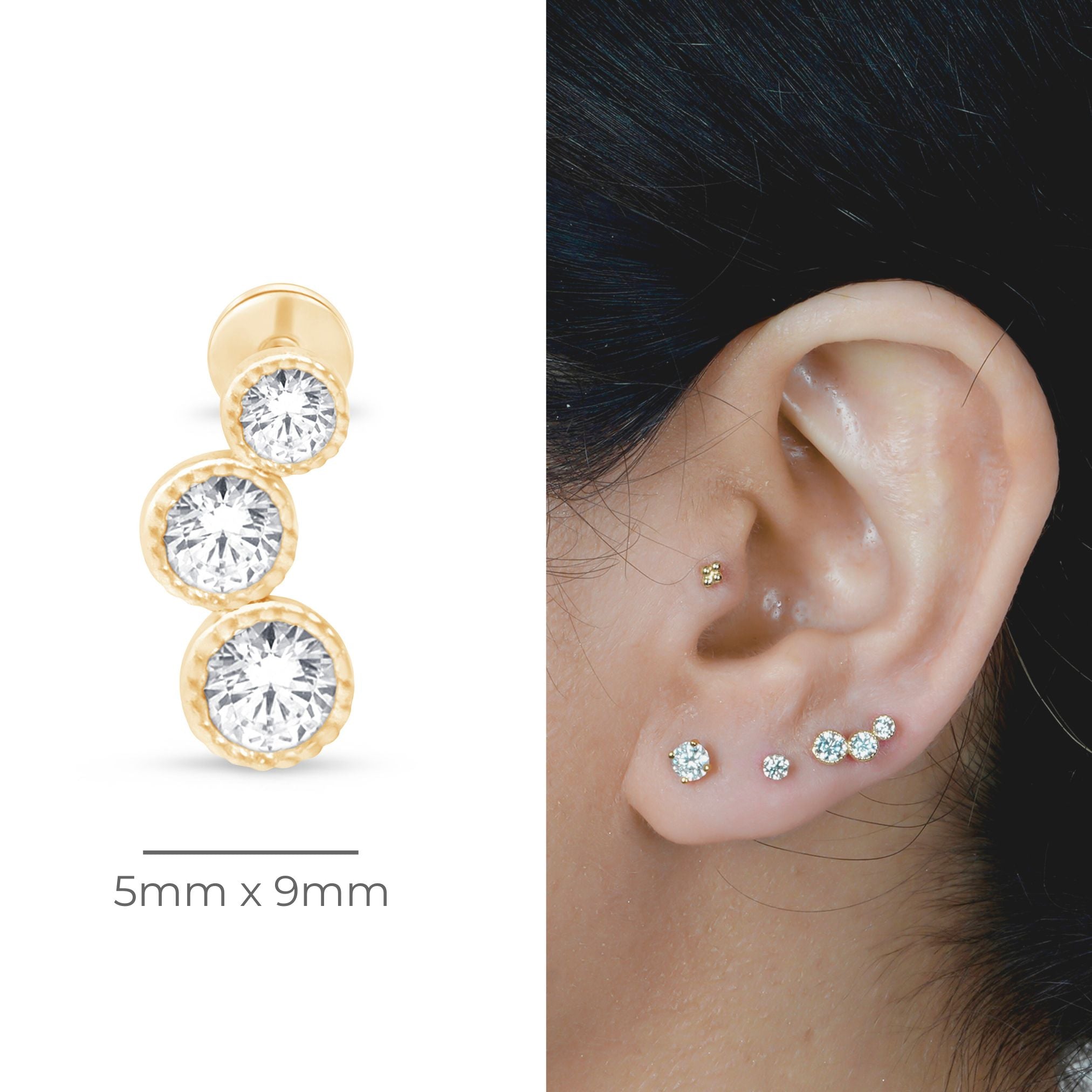 Graduated Gemtone Flat Back Stud Milgrain Set in Solid 14k Yellow Gold
